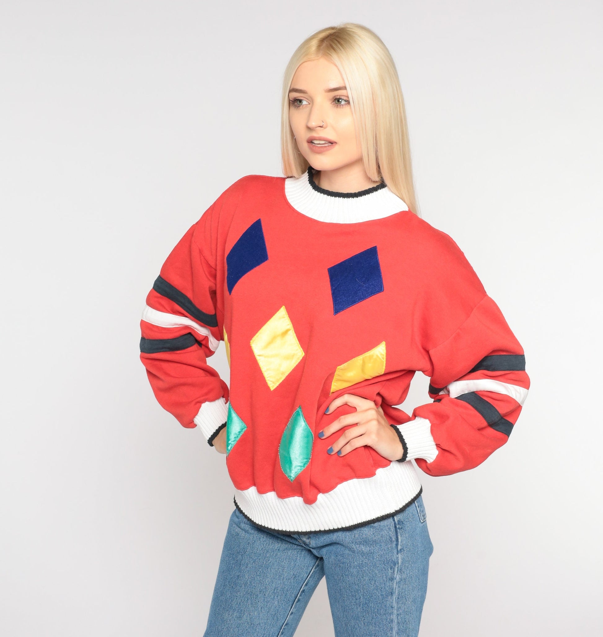 90s Diamond Print Red Sweatshirt Crewneck Geometric Pullover Small S