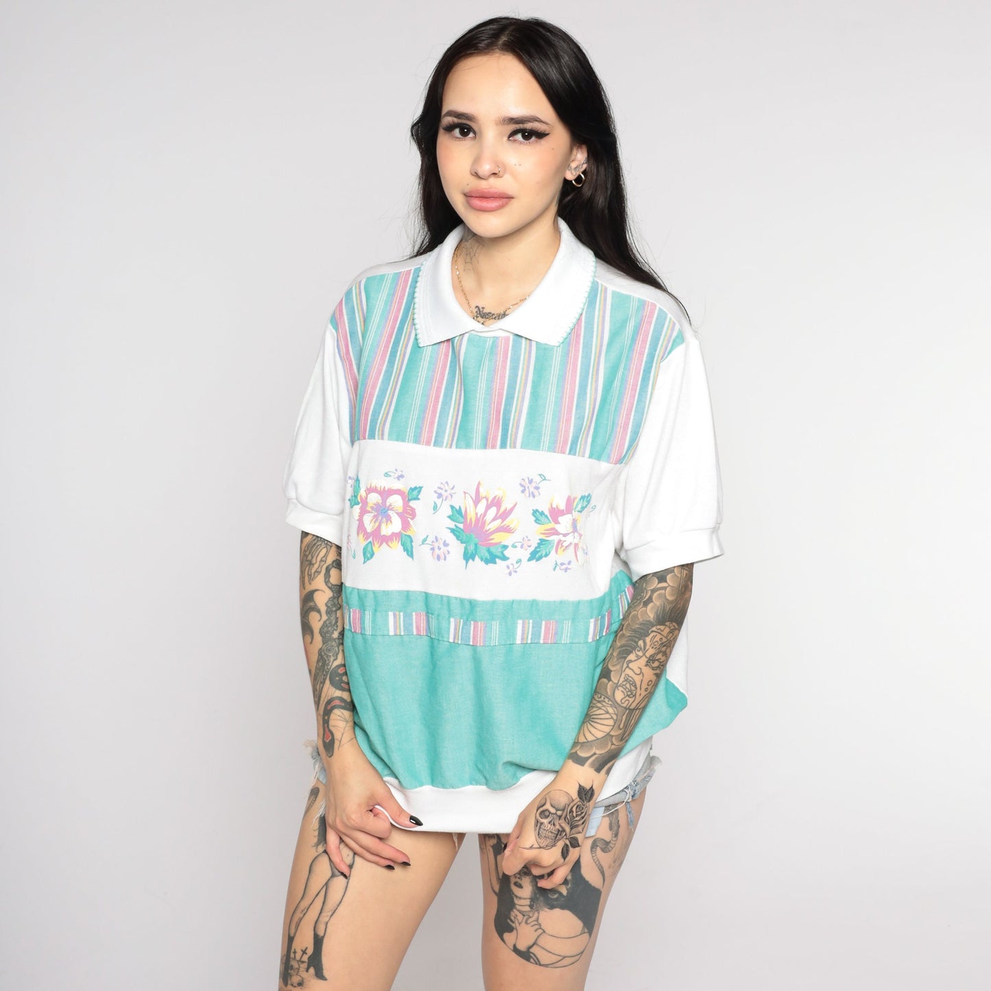 80s Floral Colour Block Striped Shirt Green White Short Sleeve Extra Large XL