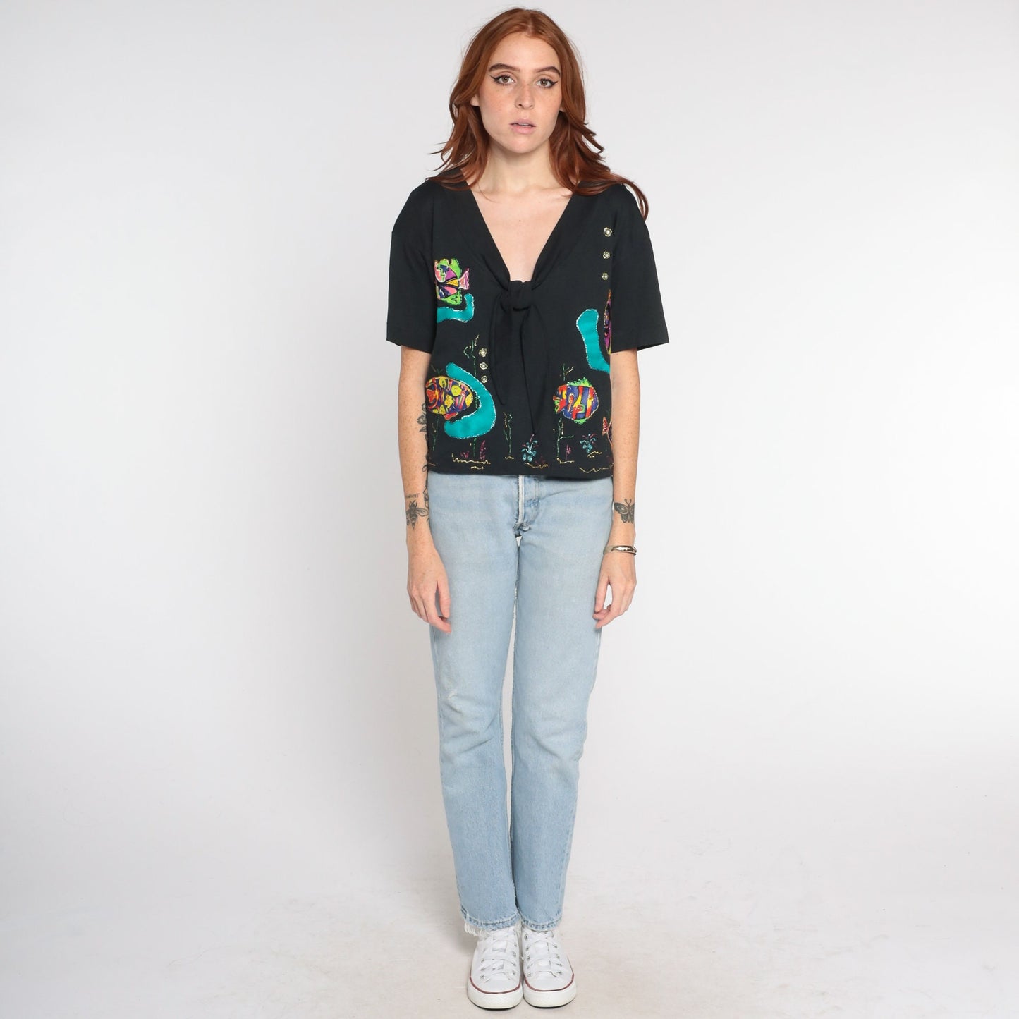 90s Black Tropical Fish Ascot Blouse Glitter Pearls Short Sleeve Large L