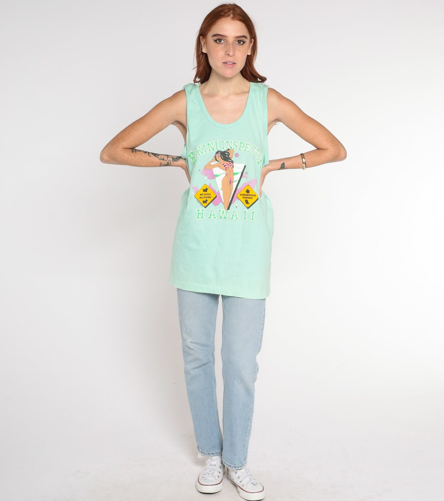 80s Bikini Inspector Tank Top Hawaii Graphic Mint Green Large