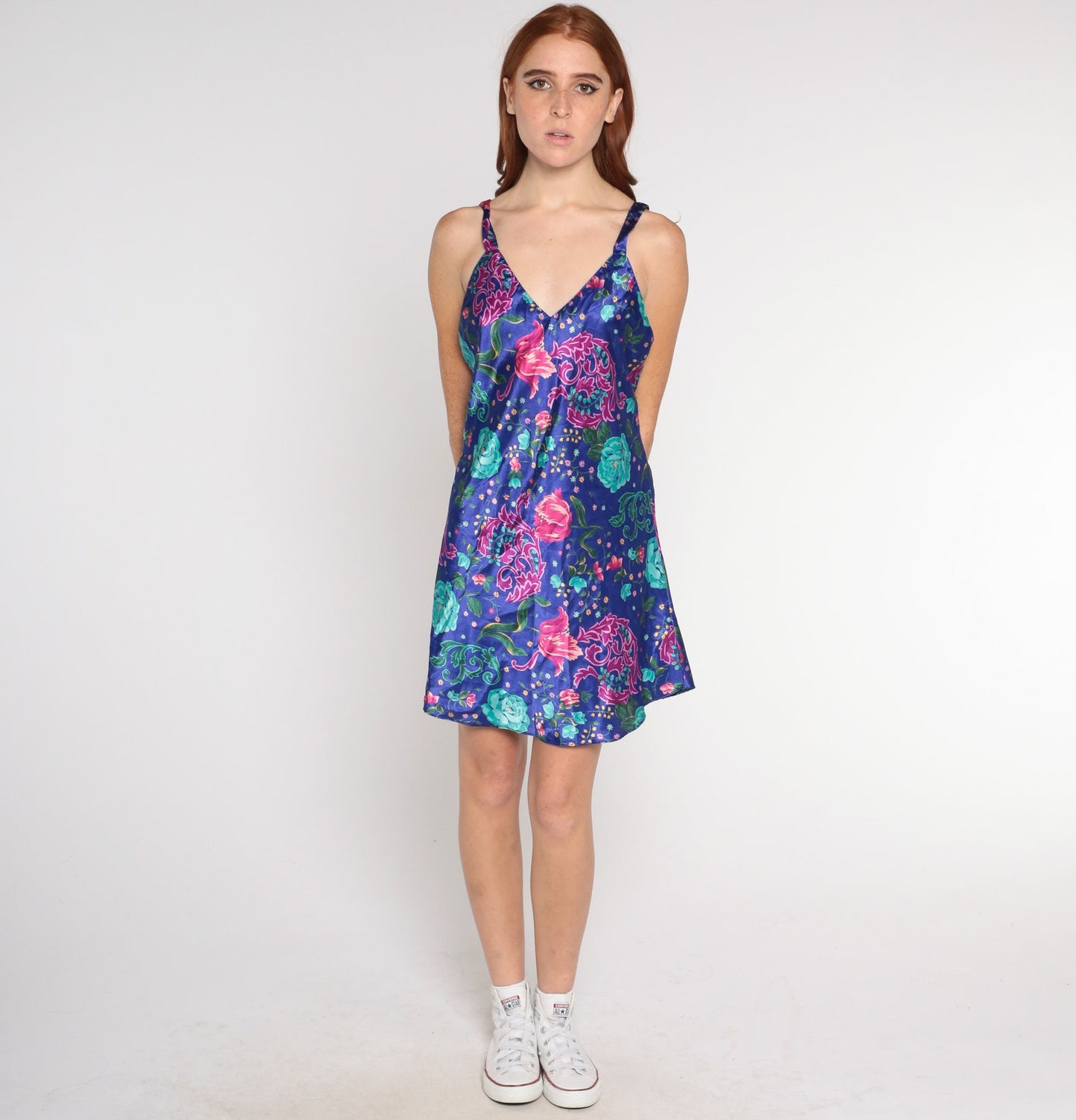 00s Floral Blue Mini Slip Dress Sleeveless V-Neck Nightgown Small Medium