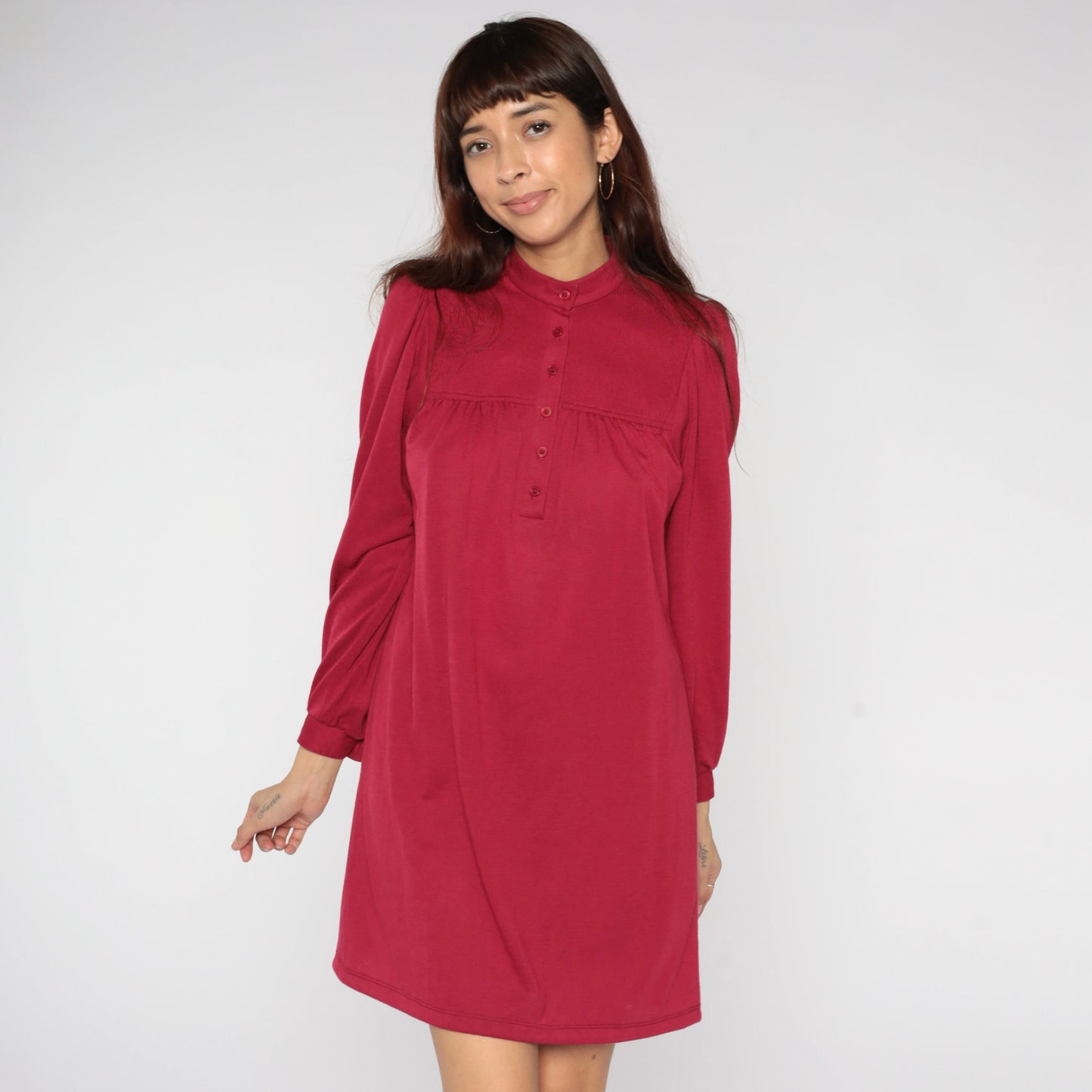 70s Leslie Fay Berry Red Mini Dress Puff Sleeve Button Bib Medium