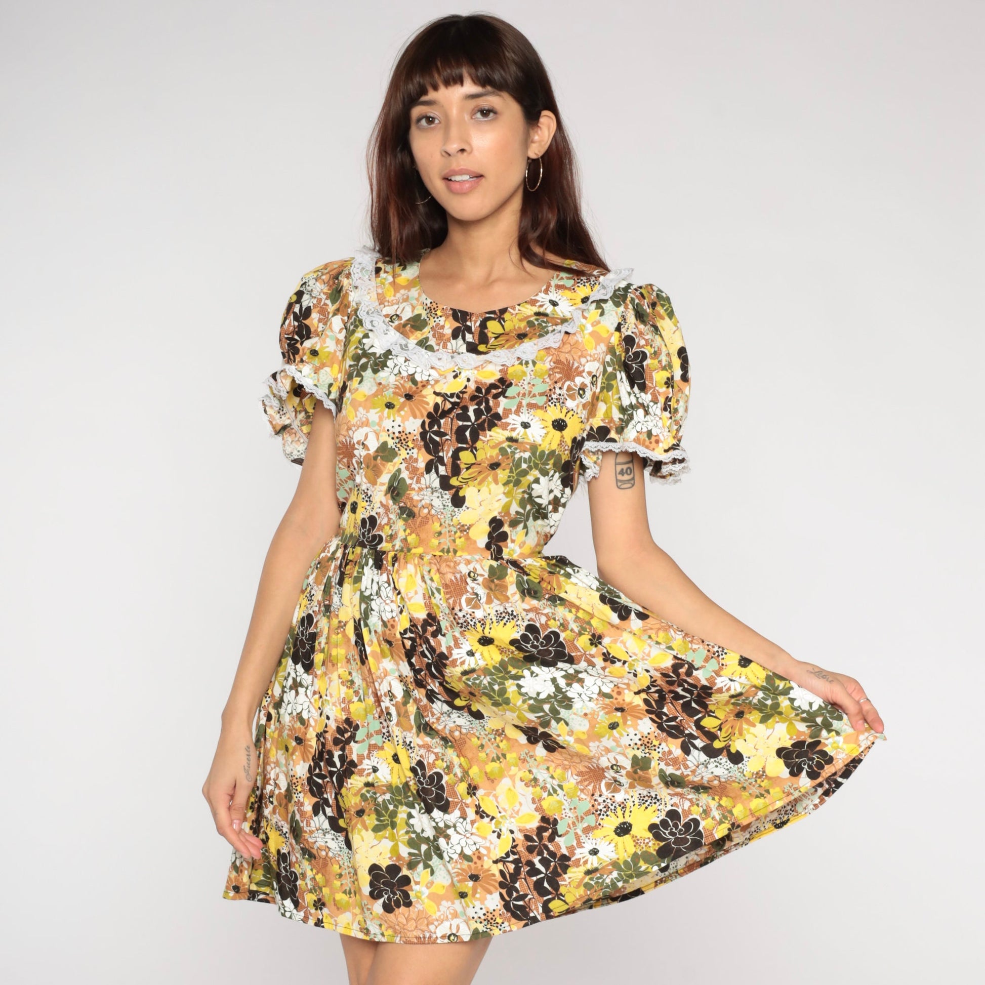 00s Floral Mini Dress Puff Sleeve High Waist Pleated Skirt Medium