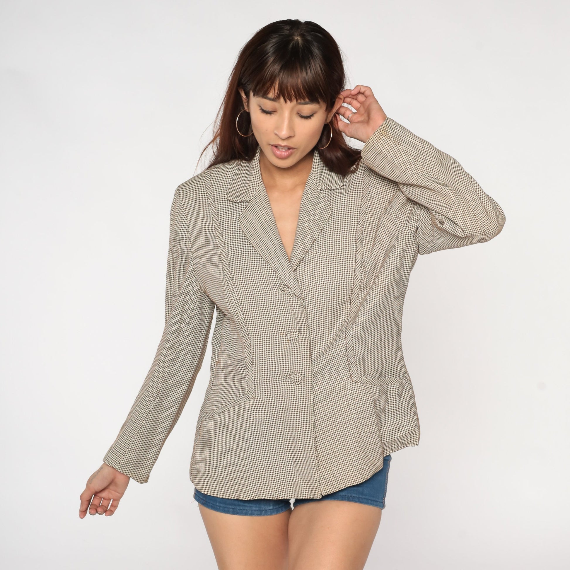 60s Brown Houndstooth Blazer Button-Up Jacket Checkered Wool Large L