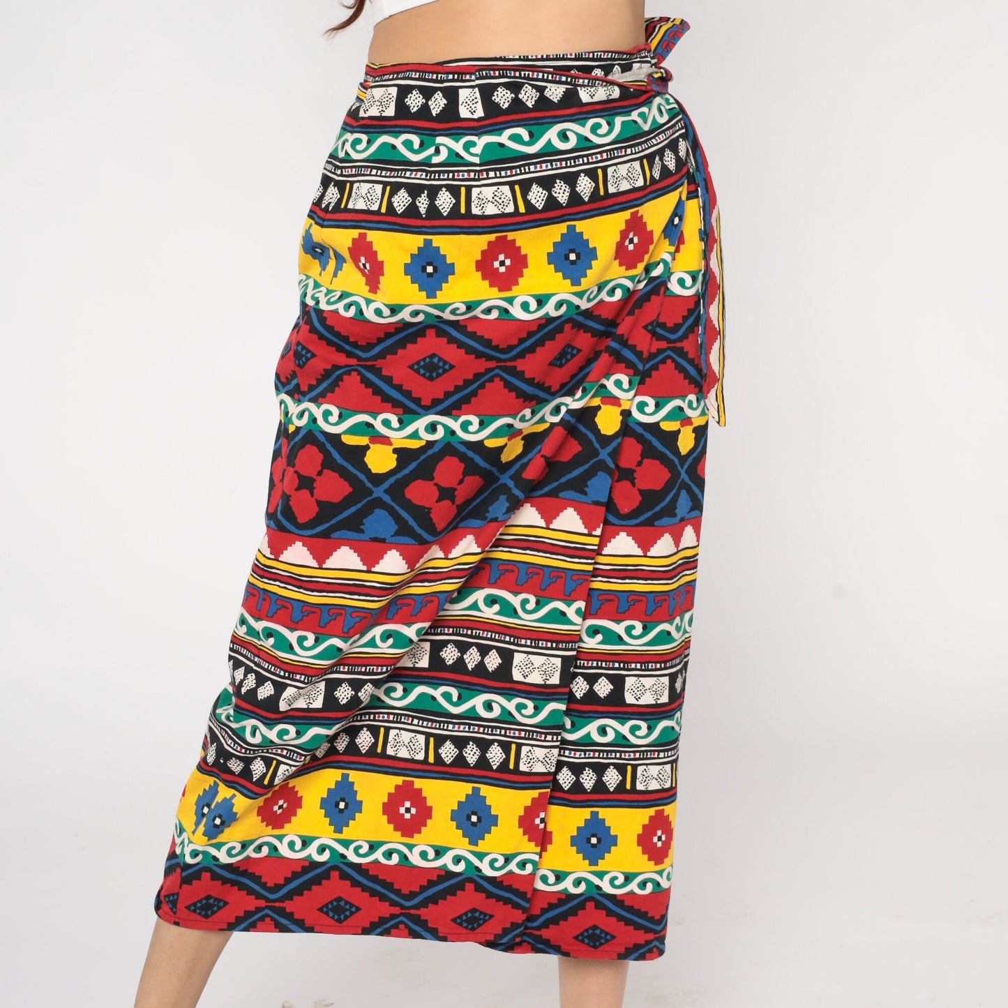 90s Geometric Aztec Print Wrap Midi Skirt Cotton Red Yellow Blue Medium M