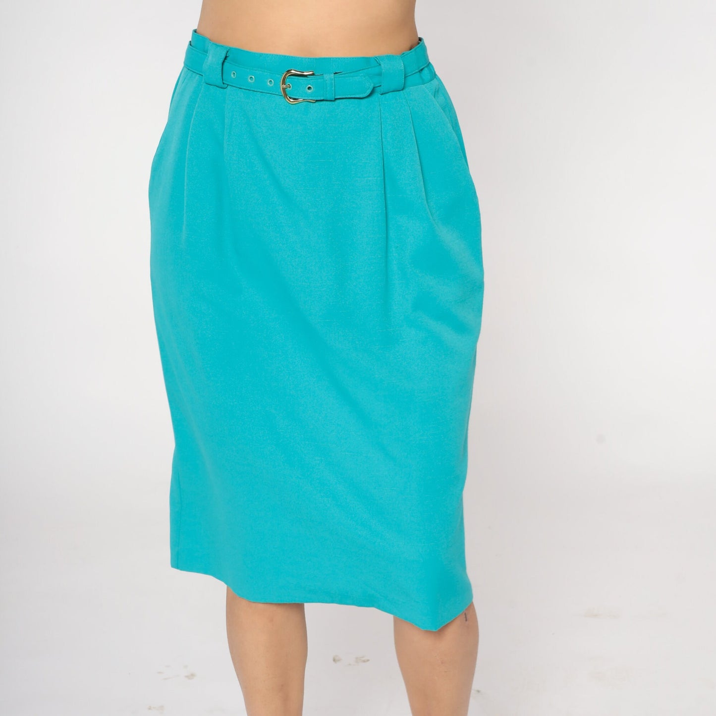 90s Turquoise Pleated Pencil Skirt High Waist Knee Length Belt Medium