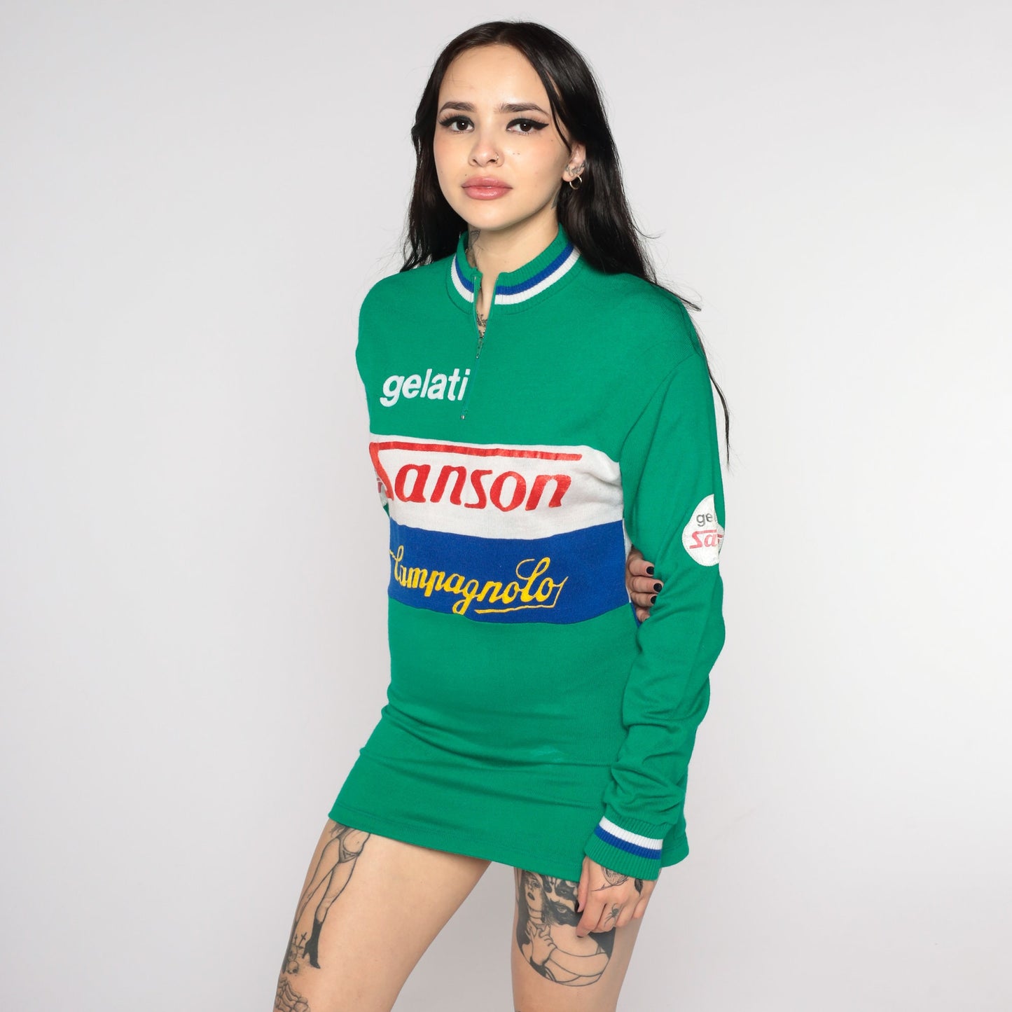 80s Campagnolo Sanson Gelati Cycling Jersey Green Striped Zip Neck Small