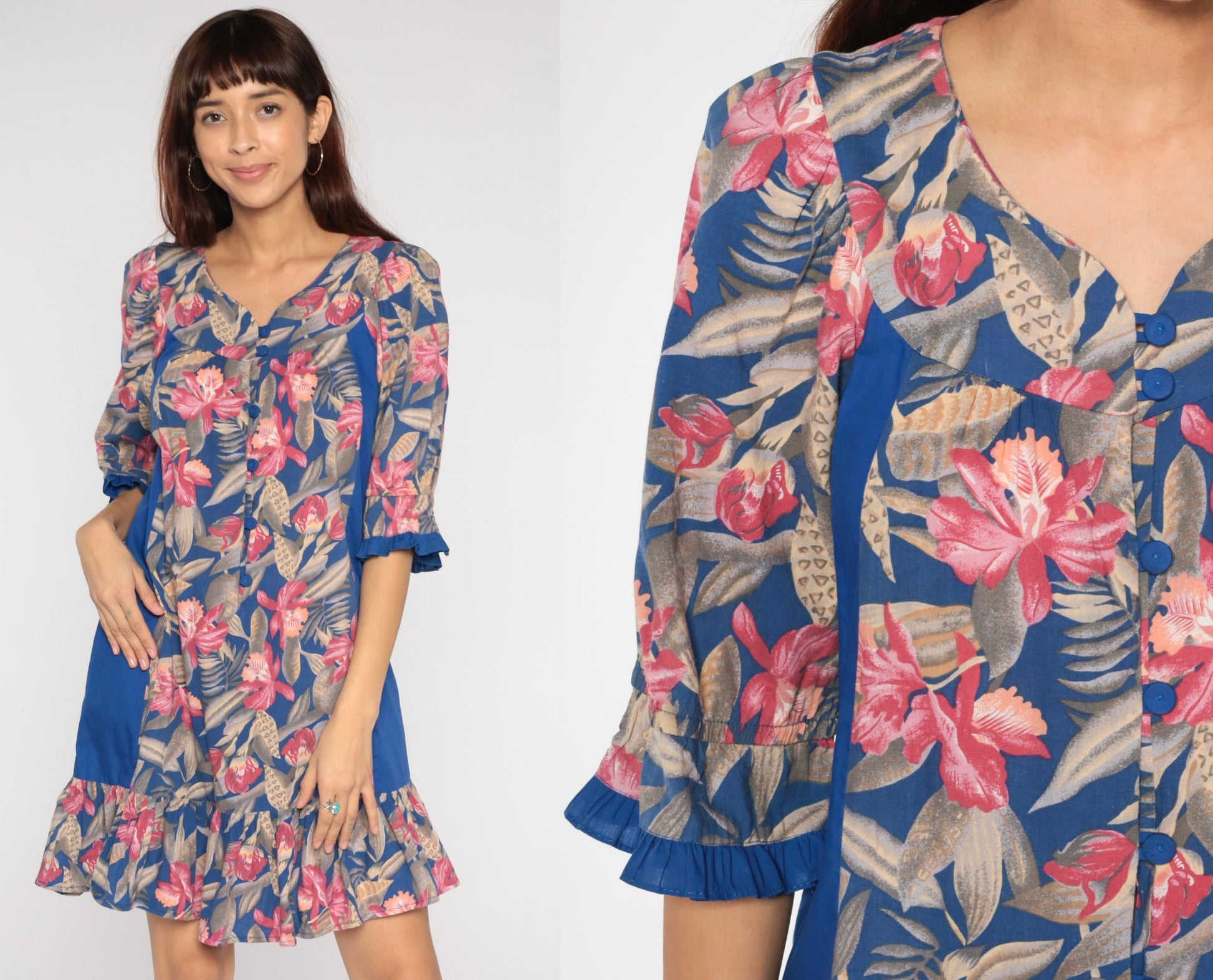 80s Tori Richard Tropical Floral Mini Dress Blue Button-Up Small