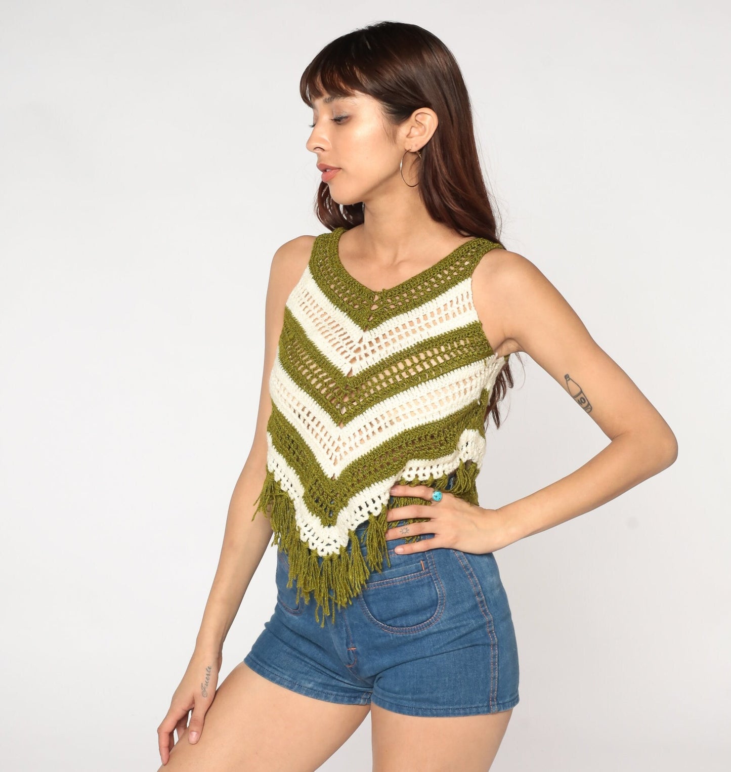 70s Striped Knit Tank Top Green Cream Fringe Sleeveless XXS