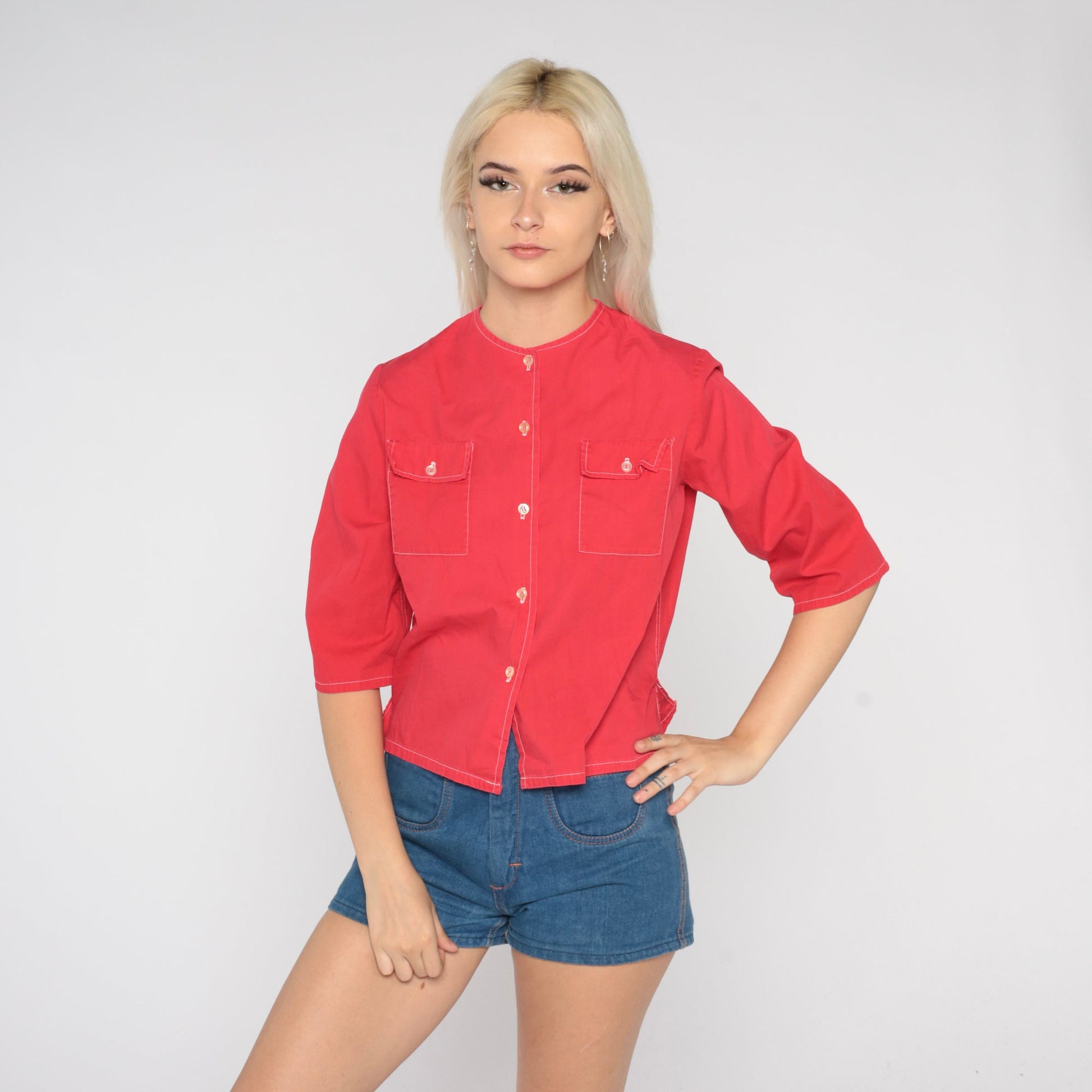 70s Red Button-Up Blouse Short Sleeve Chest Pockets Small