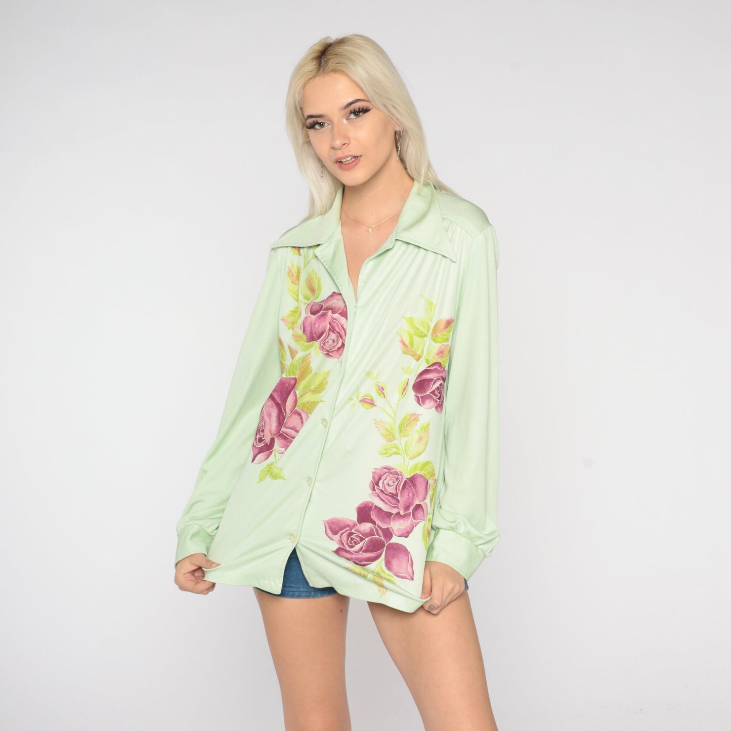 70s Green Floral Rose Print Blouse Pointed Collar Long Sleeve Button Up Medium