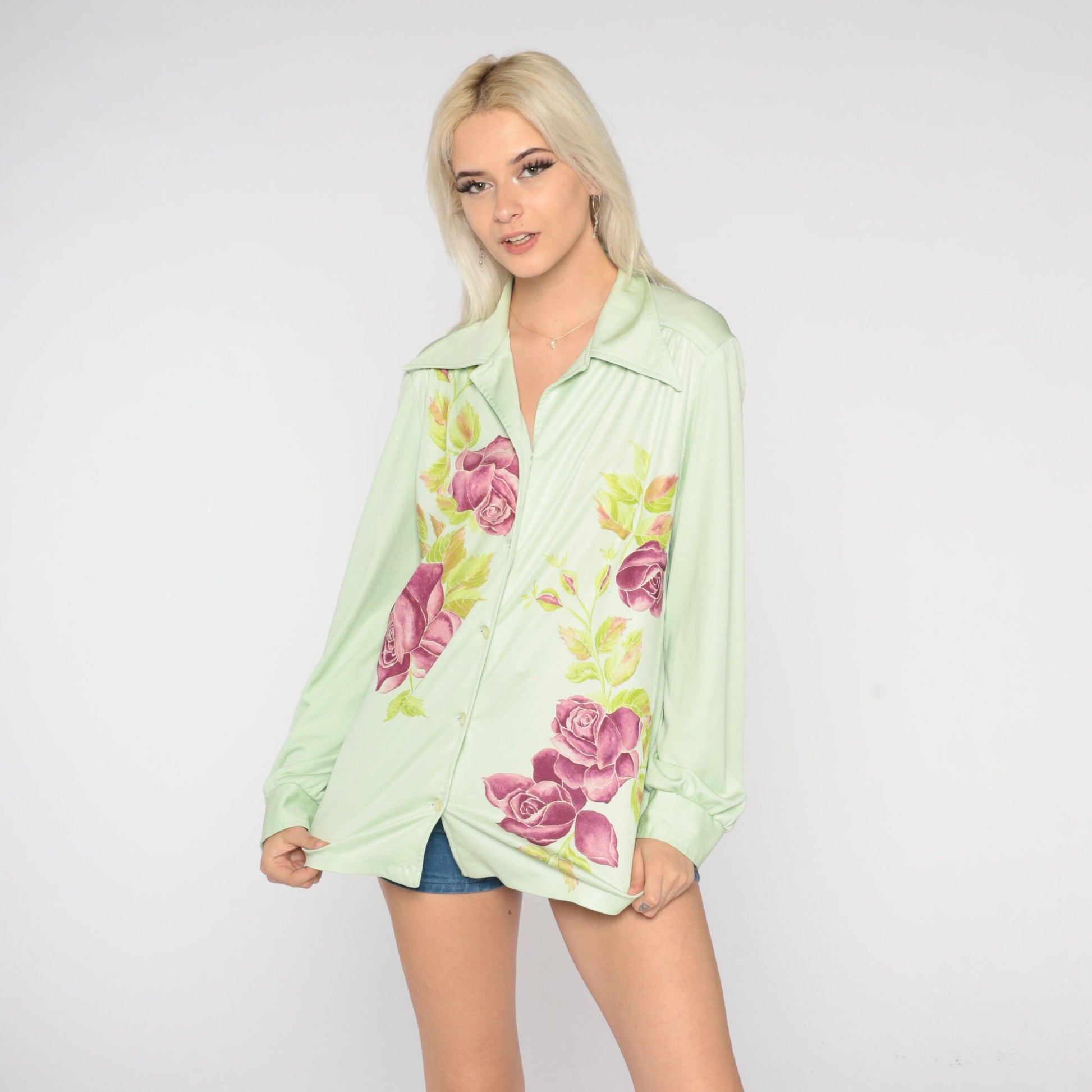 70s Green Floral Rose Print Blouse Pointed Collar Long Sleeve Button Up Medium