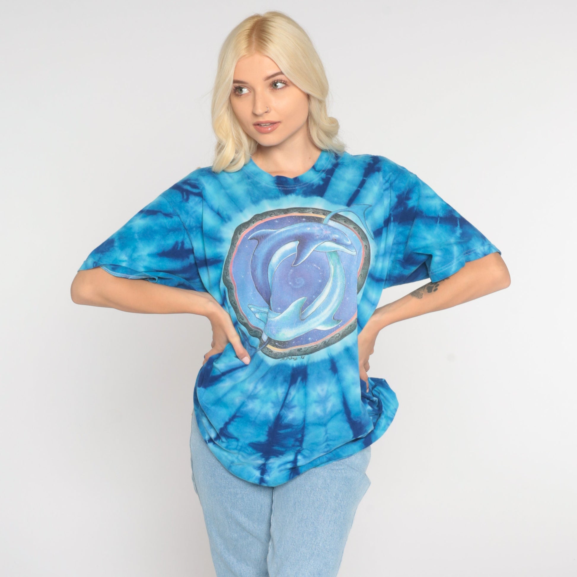 90s Dolphin Tie Dye Graphic T-Shirt Blue Galactic Print Cotton Medium