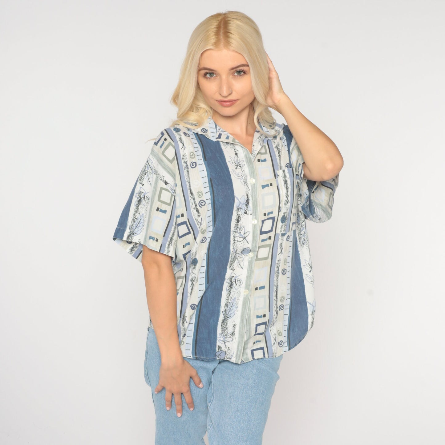 90s Geometric Striped Button Up Blouse Blue White Leaf Print Large L