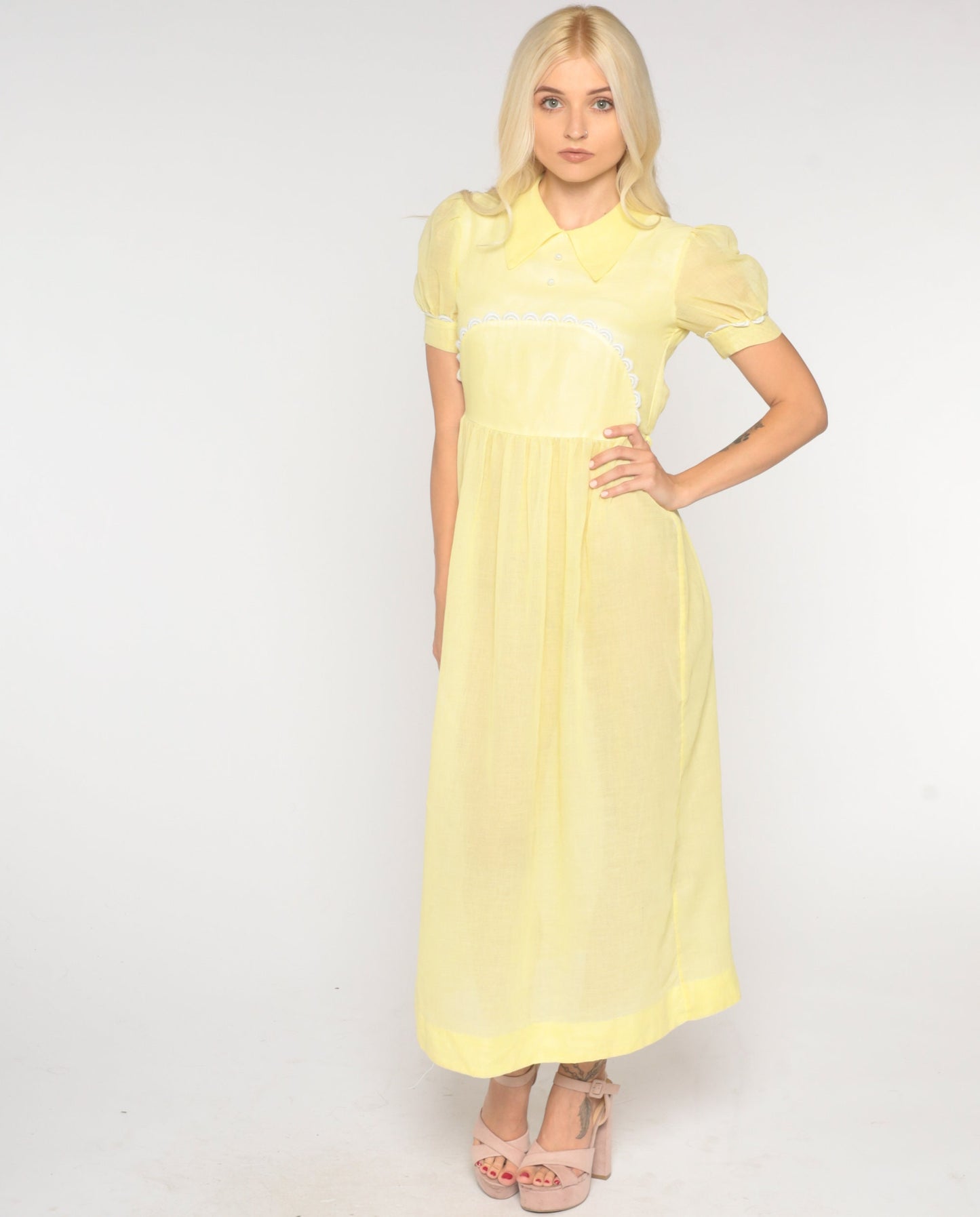 1970s Sheer Pastel Yellow Maxi Dress Puff Sleeve High Waist Extra Small
