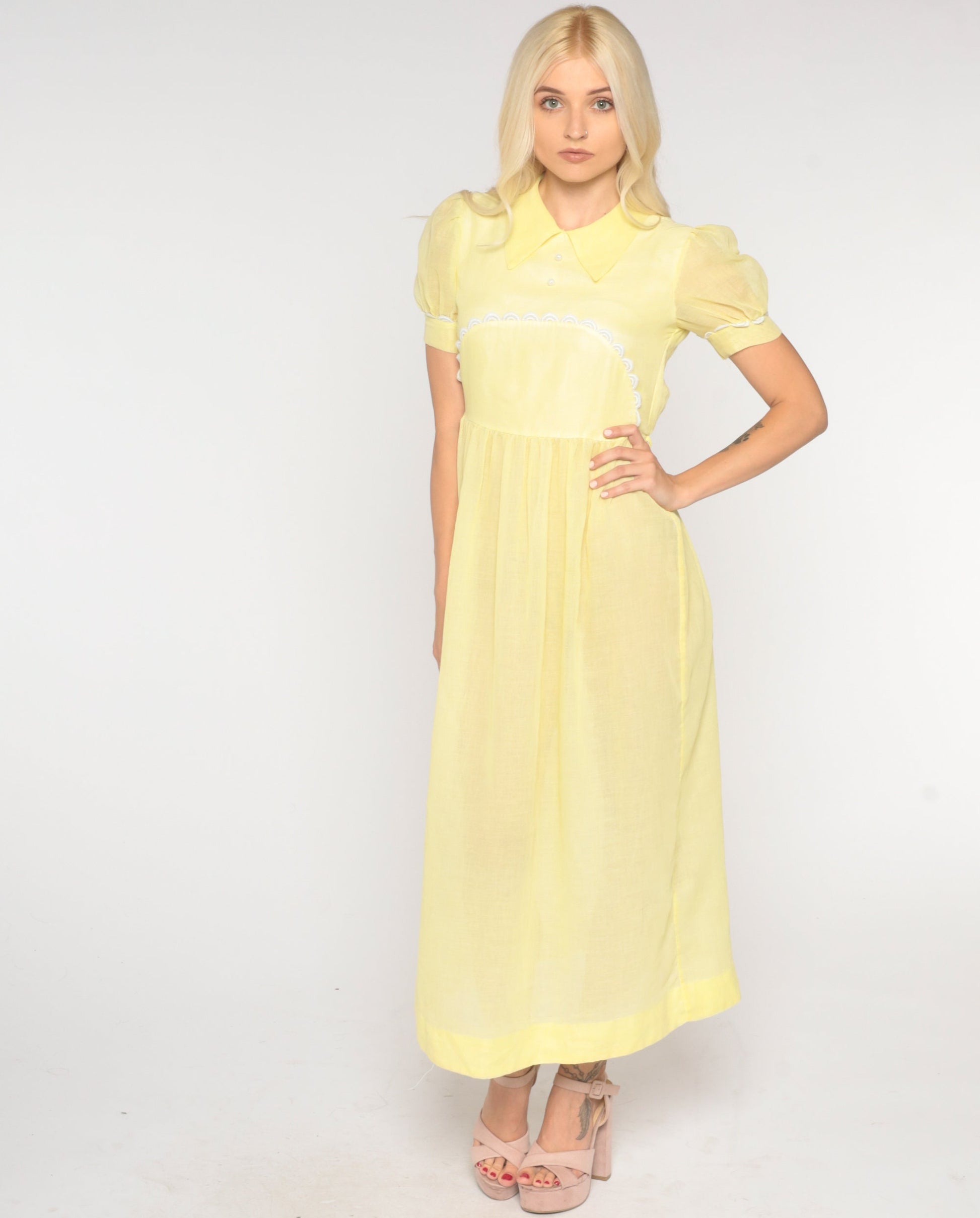 1970s Sheer Pastel Yellow Maxi Dress Puff Sleeve High Waist Extra Small