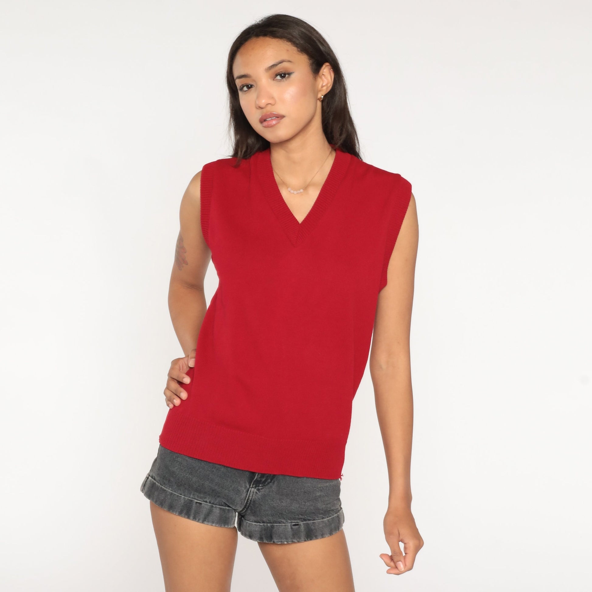 80s Red Acrylic Knit Sweater Vest V-Neck Sleeveless Small