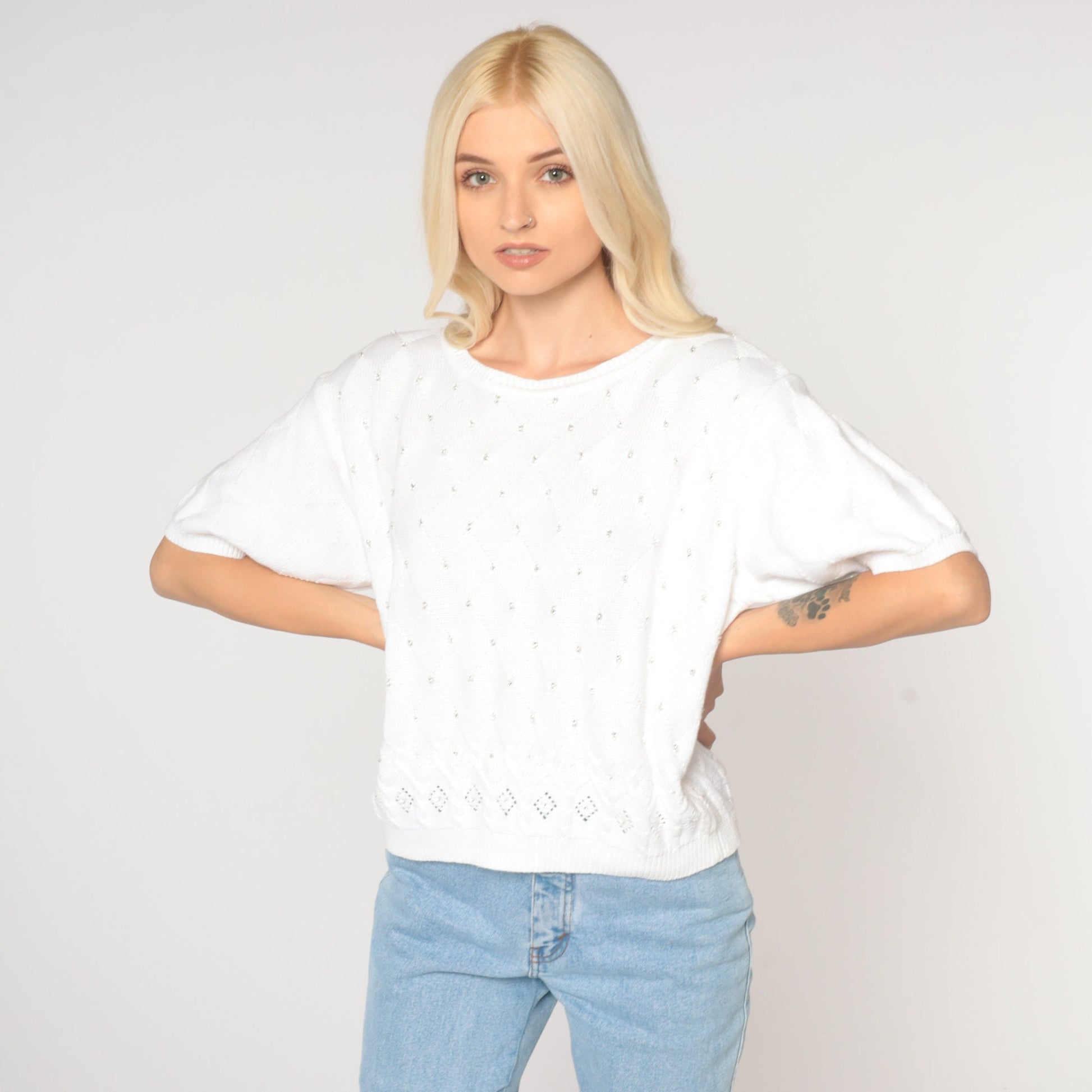 80s Liz Claiborne White Knit Blouse Beaded Cutout Short Sleeve Large L