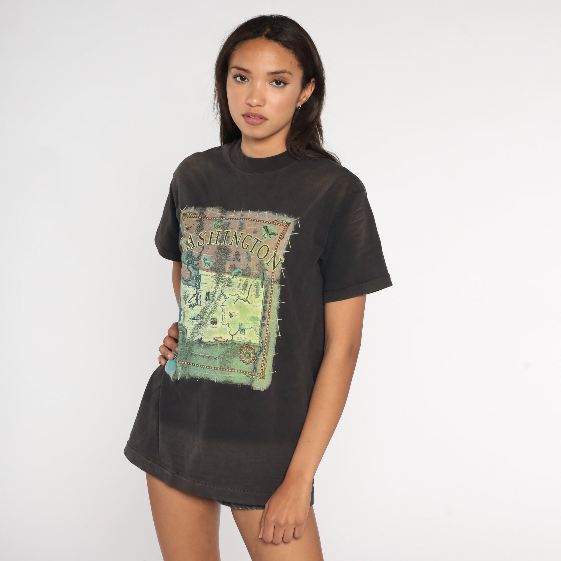 90s Washington State Map T-Shirt Black Faded Graphic Tee Medium