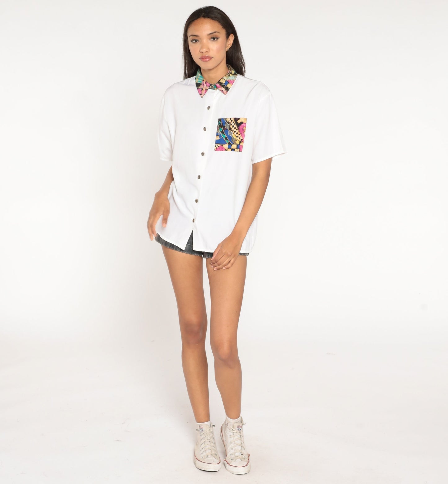 90s White Geometric Button Up Shirt Contrast Collar Short Sleeve Large L