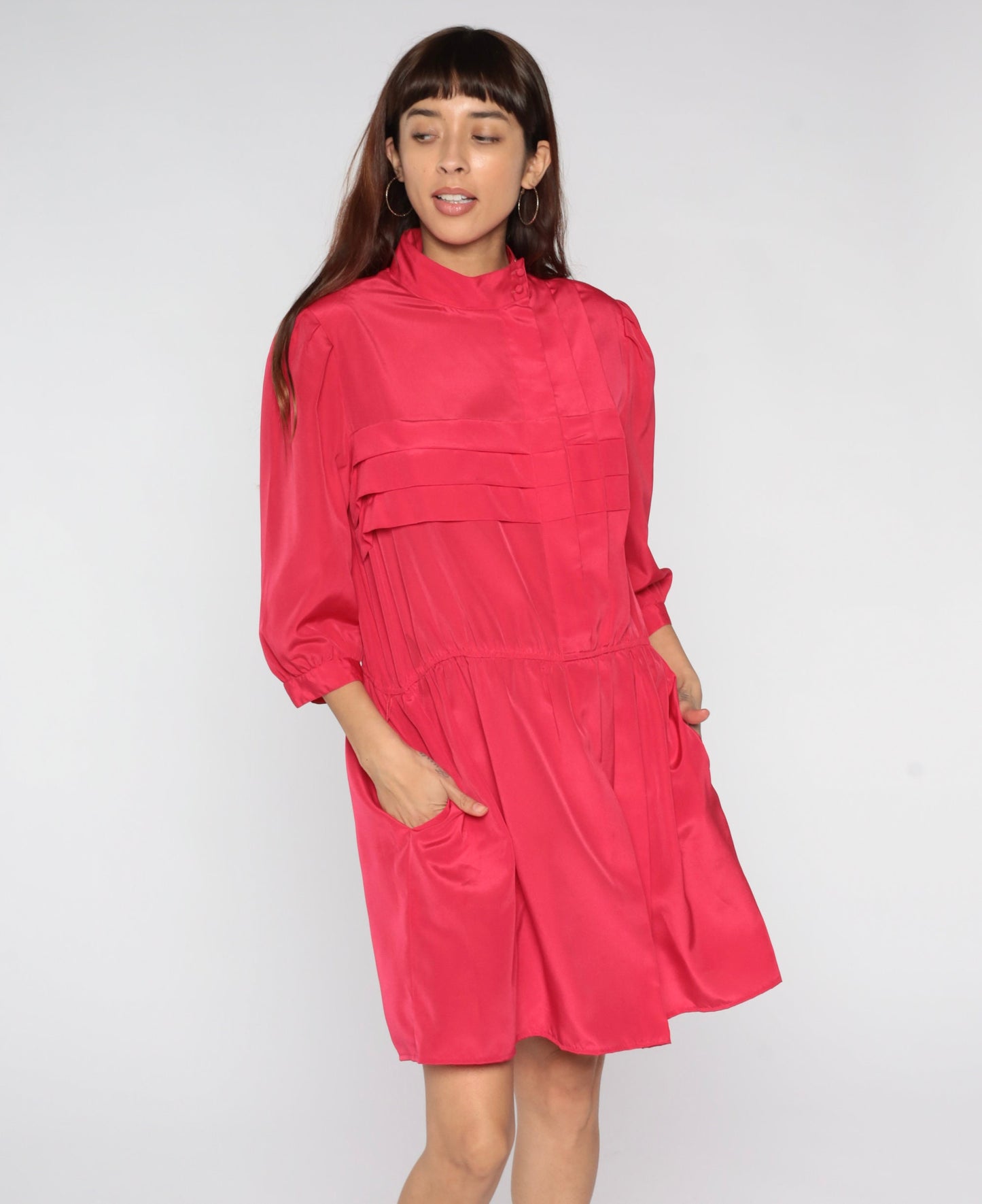 00s Hibiscus Pink Mini Dress Mock Neck Pleated High Waist Large L
