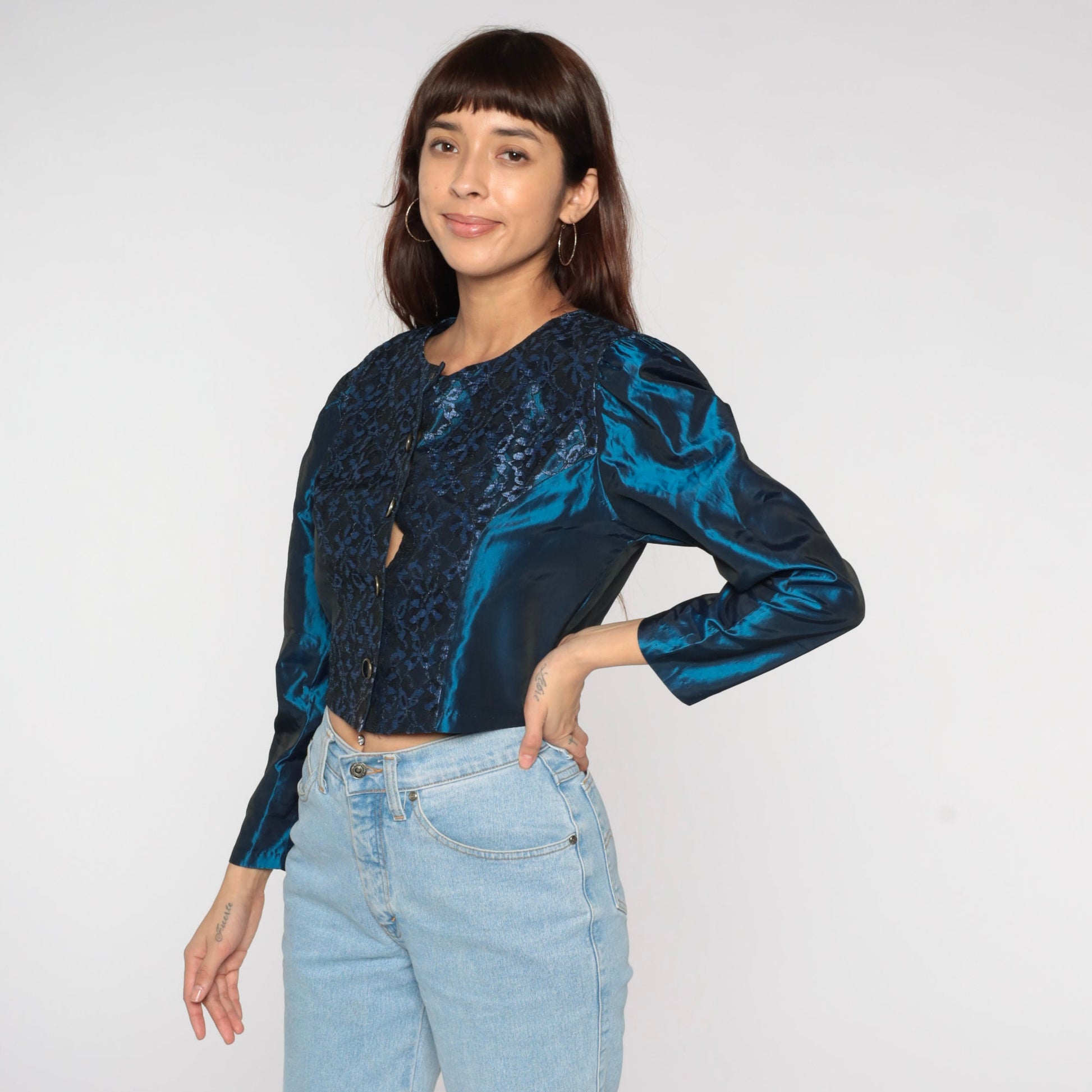80s Metallic Blue Floral Lace Puff Sleeve Blouse Button Up Small