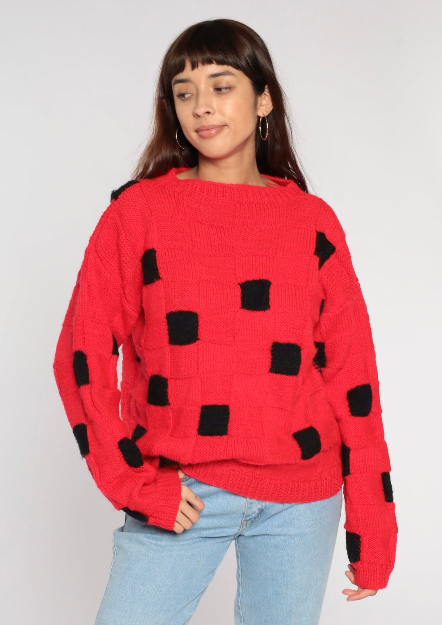 80s Red Black Checkered Knit Sweater Crewneck Pullover Medium Large