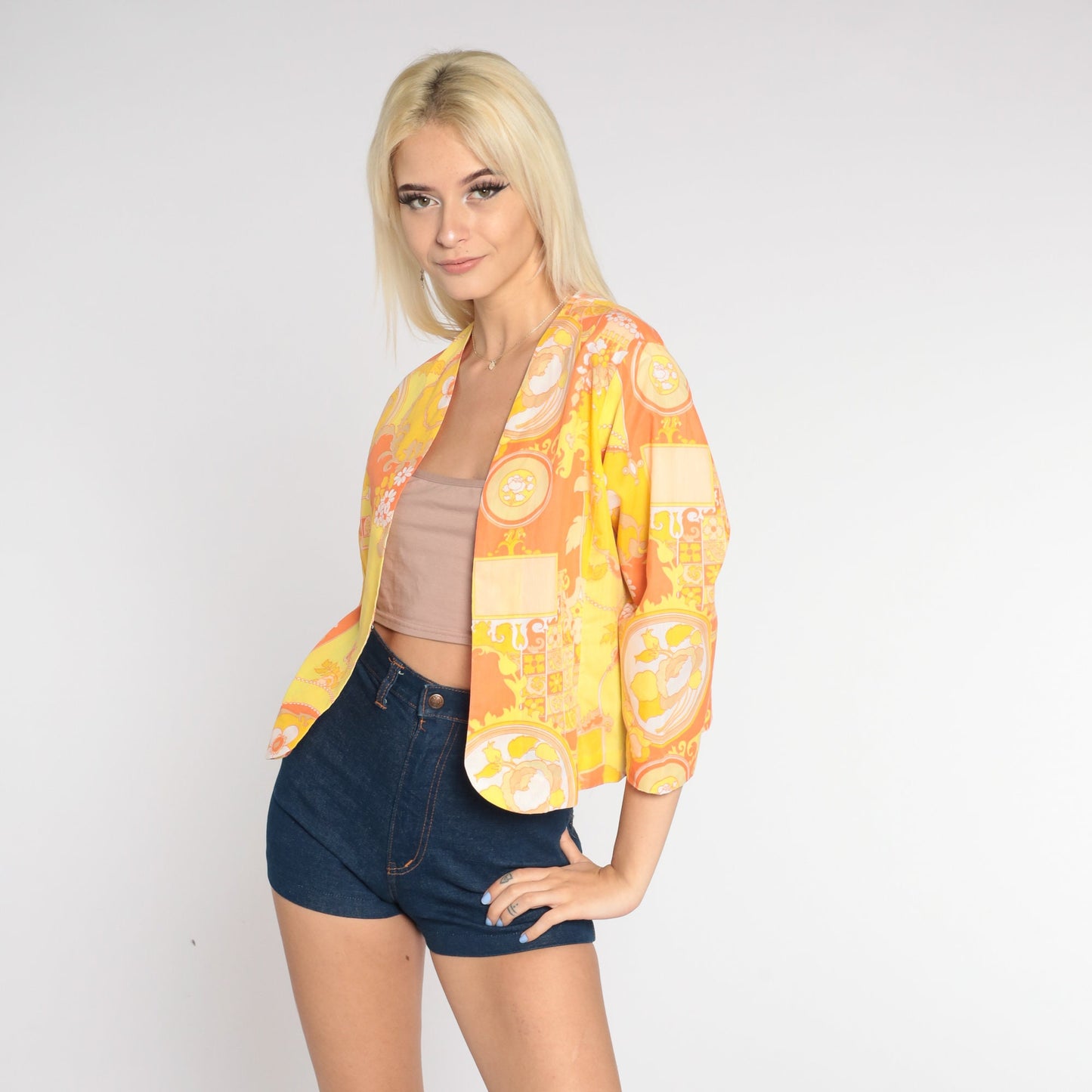 70s Floral Blazer Yellow Orange Flower Print 3/4 Sleeve Jacket Medium M