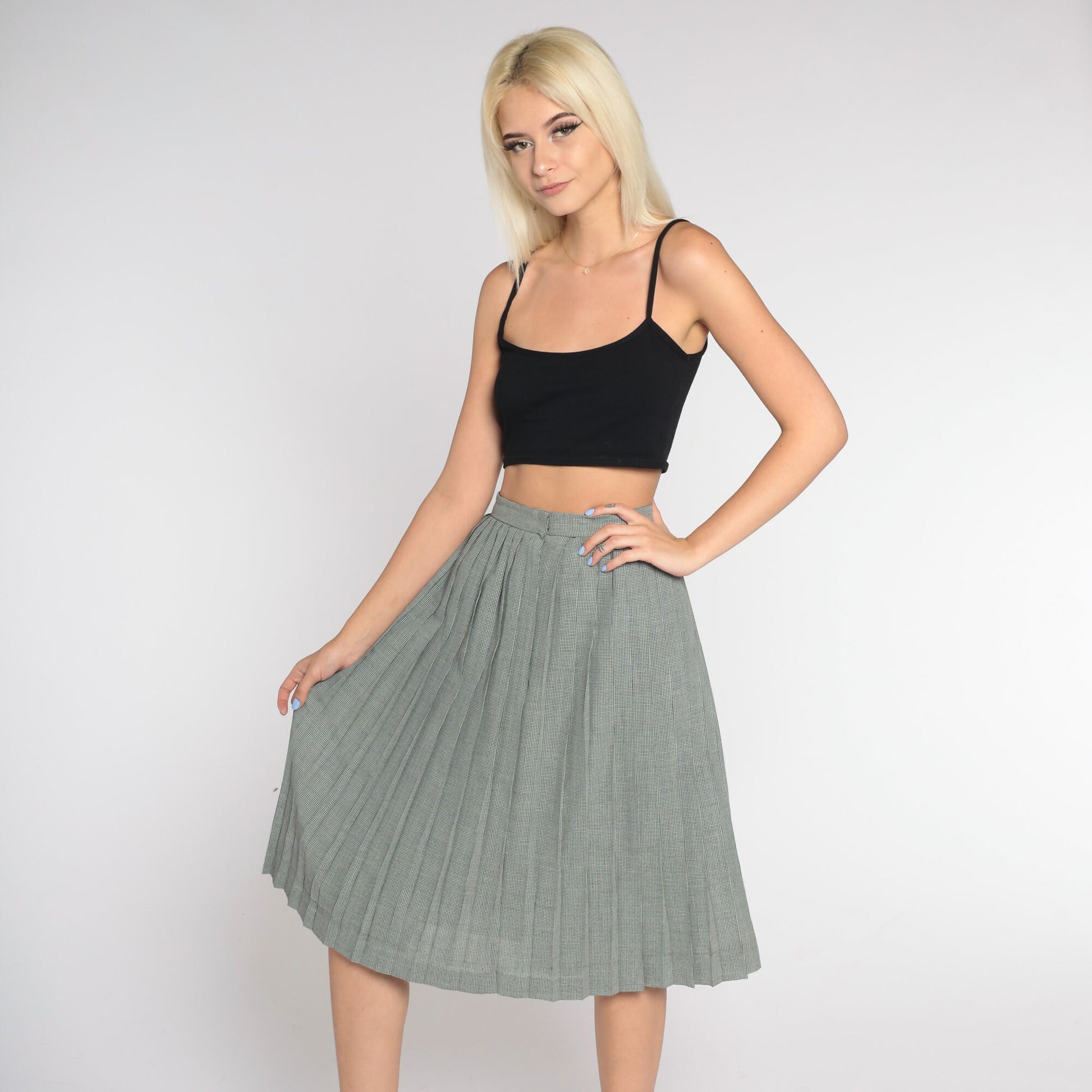 80s Houndstooth Pleated Midi Skirt Black White High Waist Extra Small