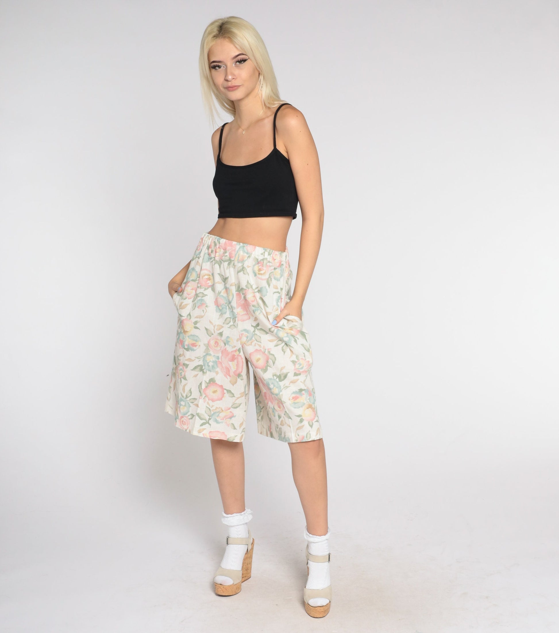 90s Floral Culotte Shorts White Linen Blend High Waist Wide Leg Medium