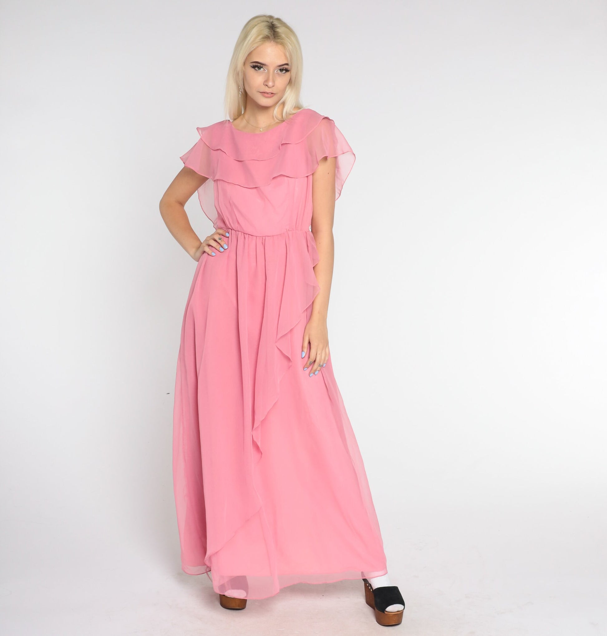 70s Pink Chiffon Maxi Dress Grecian Capelet Flutter Sleeve High Waist Extra Small