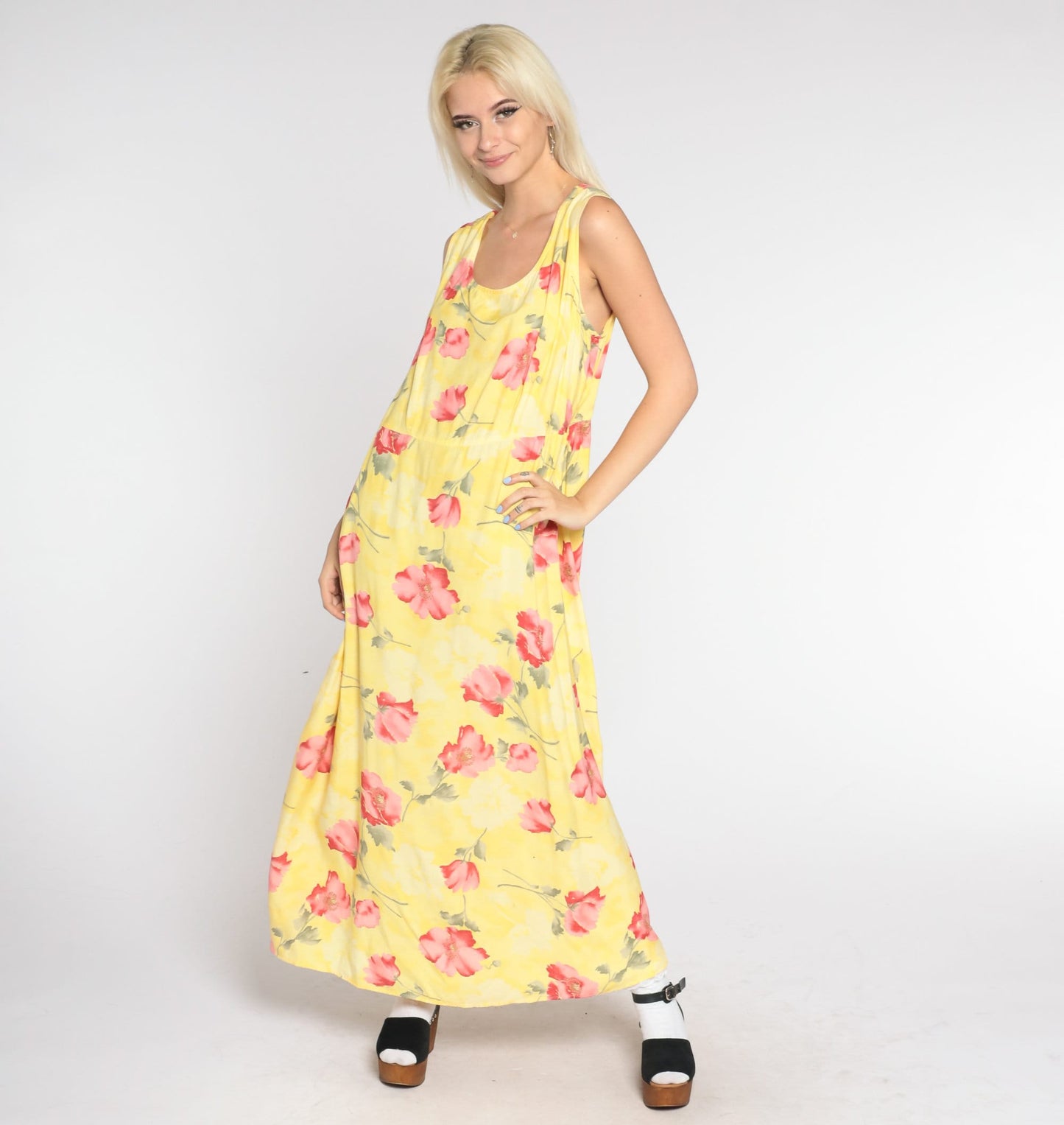 90s Yellow Poppy Print Maxi Dress Sleeveless Floral Large L