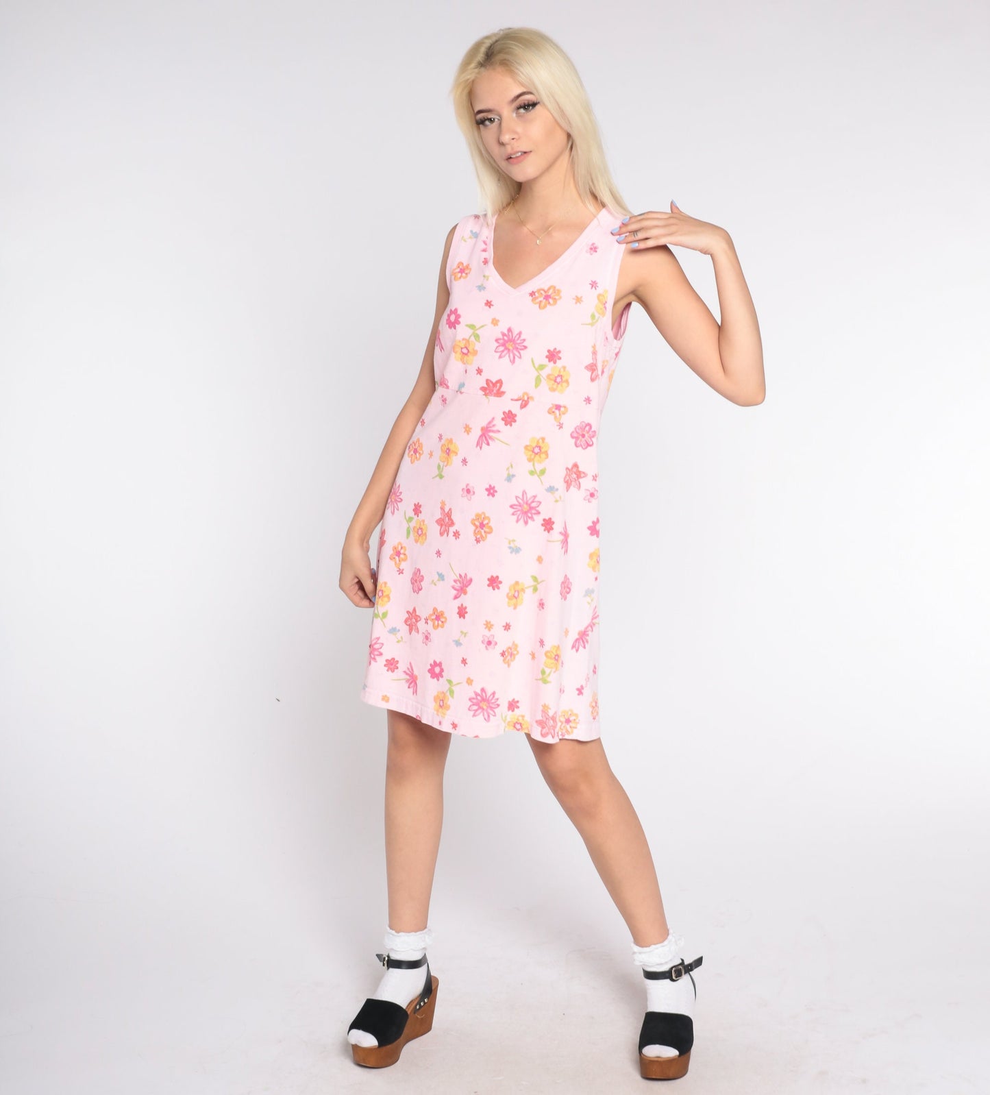 Y2K Pink Floral Tank Mini Dress V-Neck Cotton Small