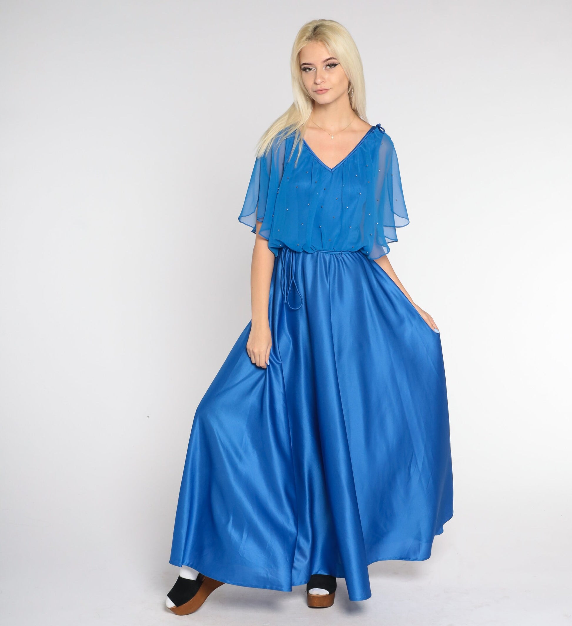 70s Royal Blue Grecian Maxi Dress V-Neck Beaded Capelet High Waist Small