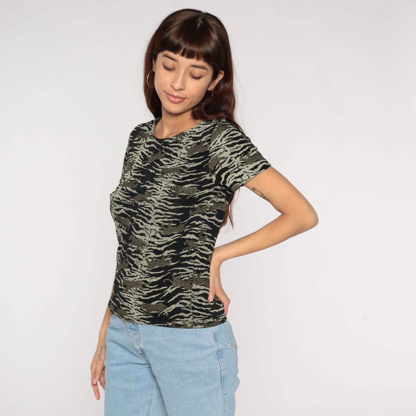 90s Bentley Leopard Animal Print Shirt Short Sleeve Blouse Small Medium
