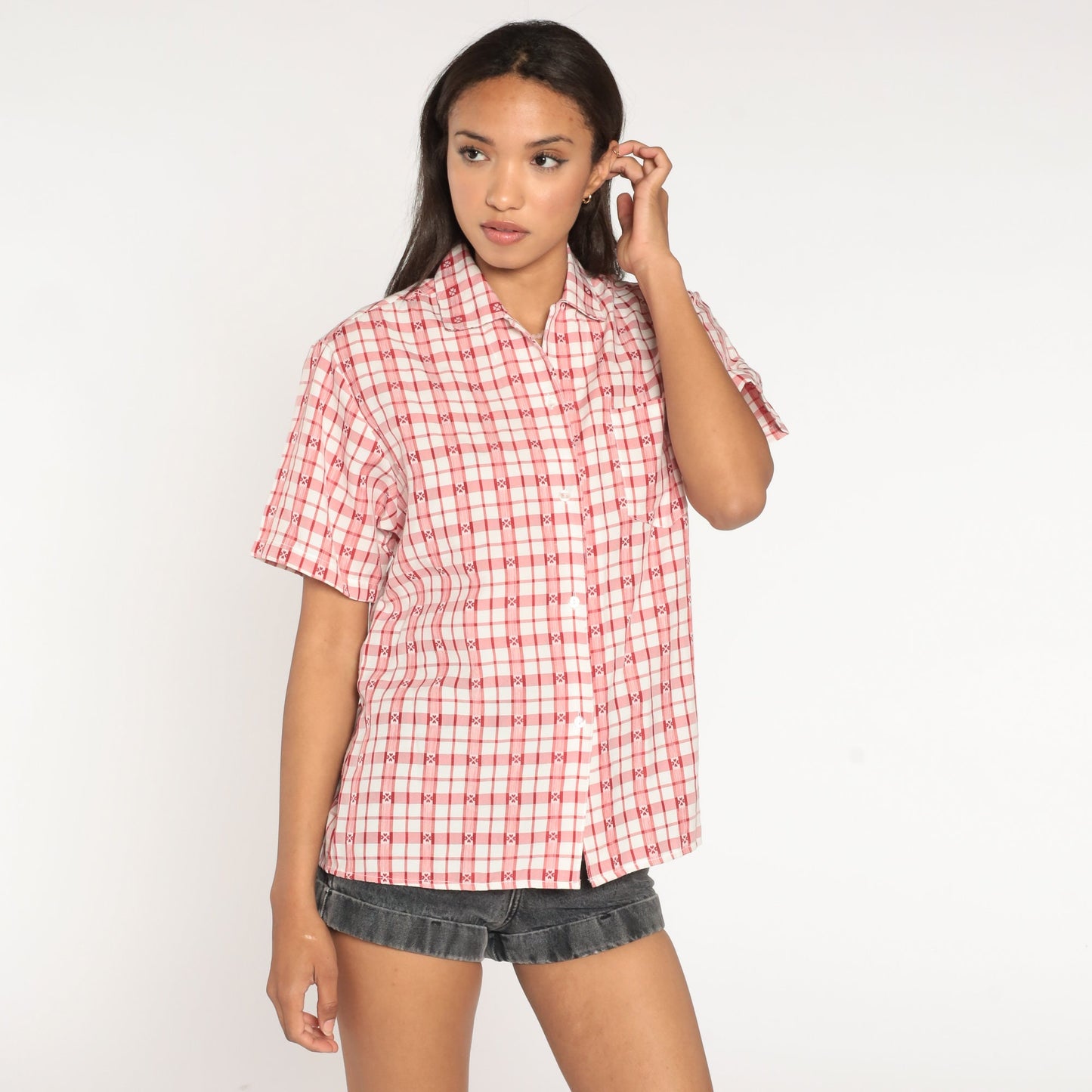 80s Plaid Heart Print Button-Up Shirt Red White Medium Large