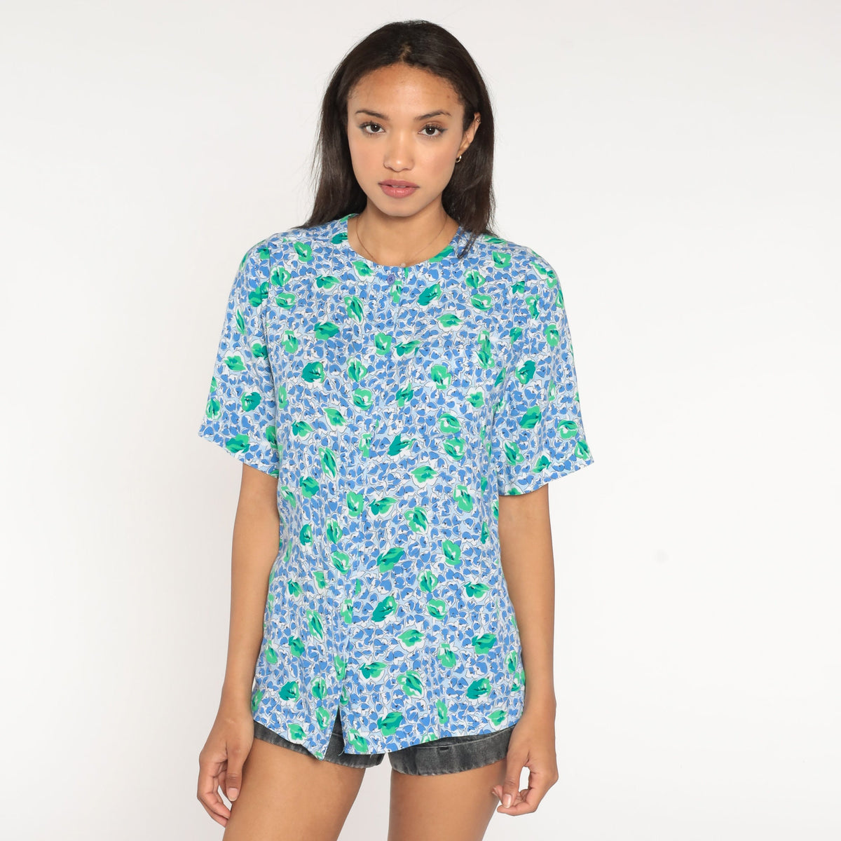 80s Blue Green Floral Button-Up Blouse Short Sleeve Hidden Placket Medium Large
