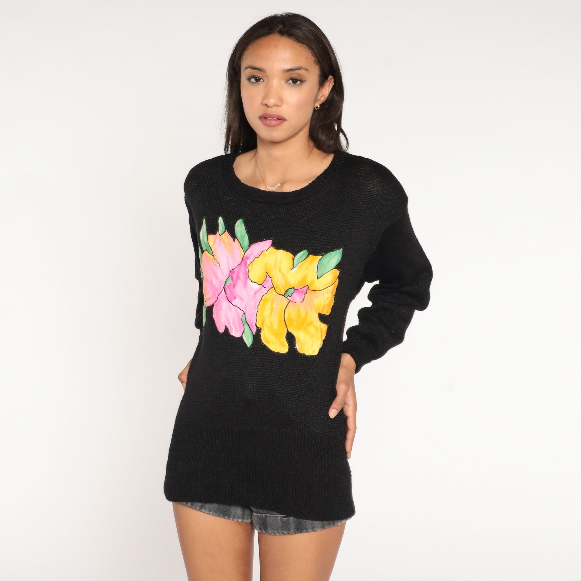 80s Black Floral Knit Sweater Pullover Tropical Graphic Medium