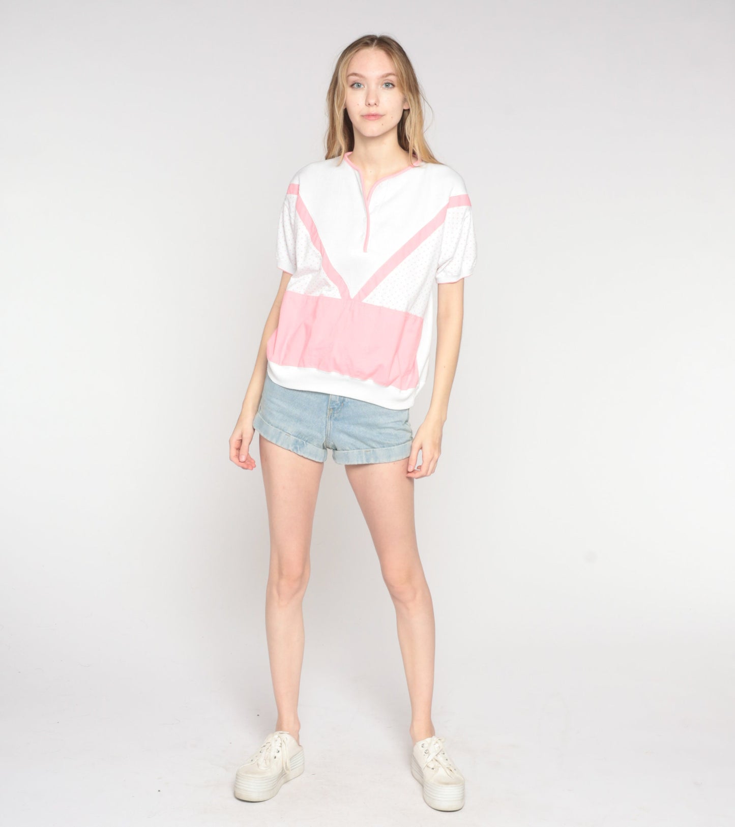 90s Henley Shirt White Pink Striped Polka Dot Short Sleeve Banded Hem Large L