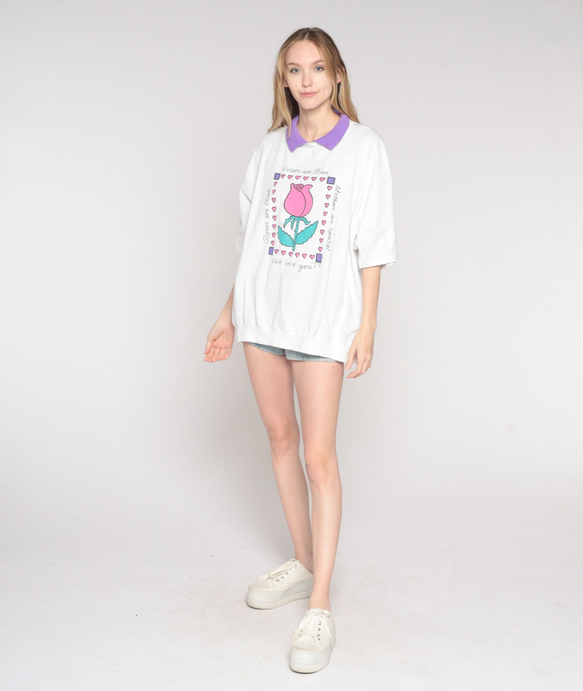 90s Mom Graphic T-Shirt Collared White Purple Rose Heart Tee Plus Size XXL