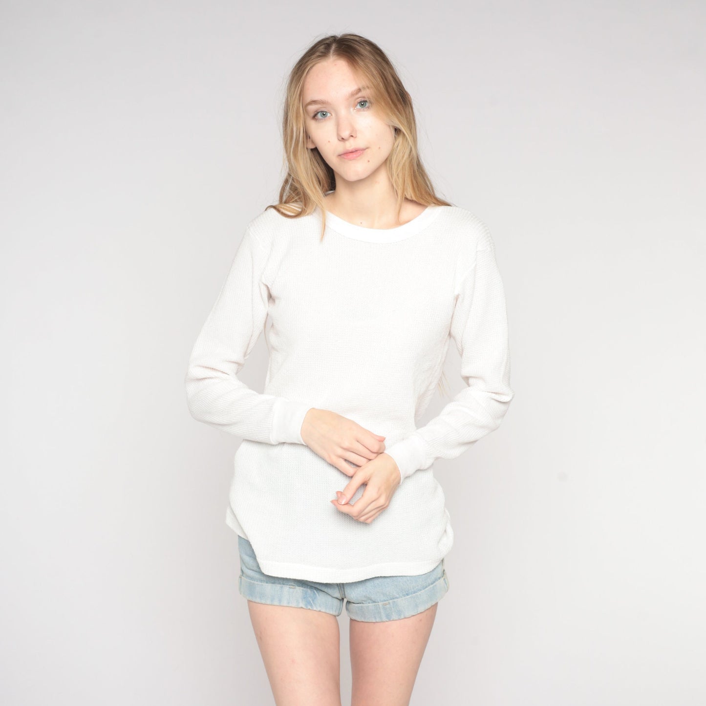 80s White Thermal Waffle Knit Long Sleeve Undershirt Large L
