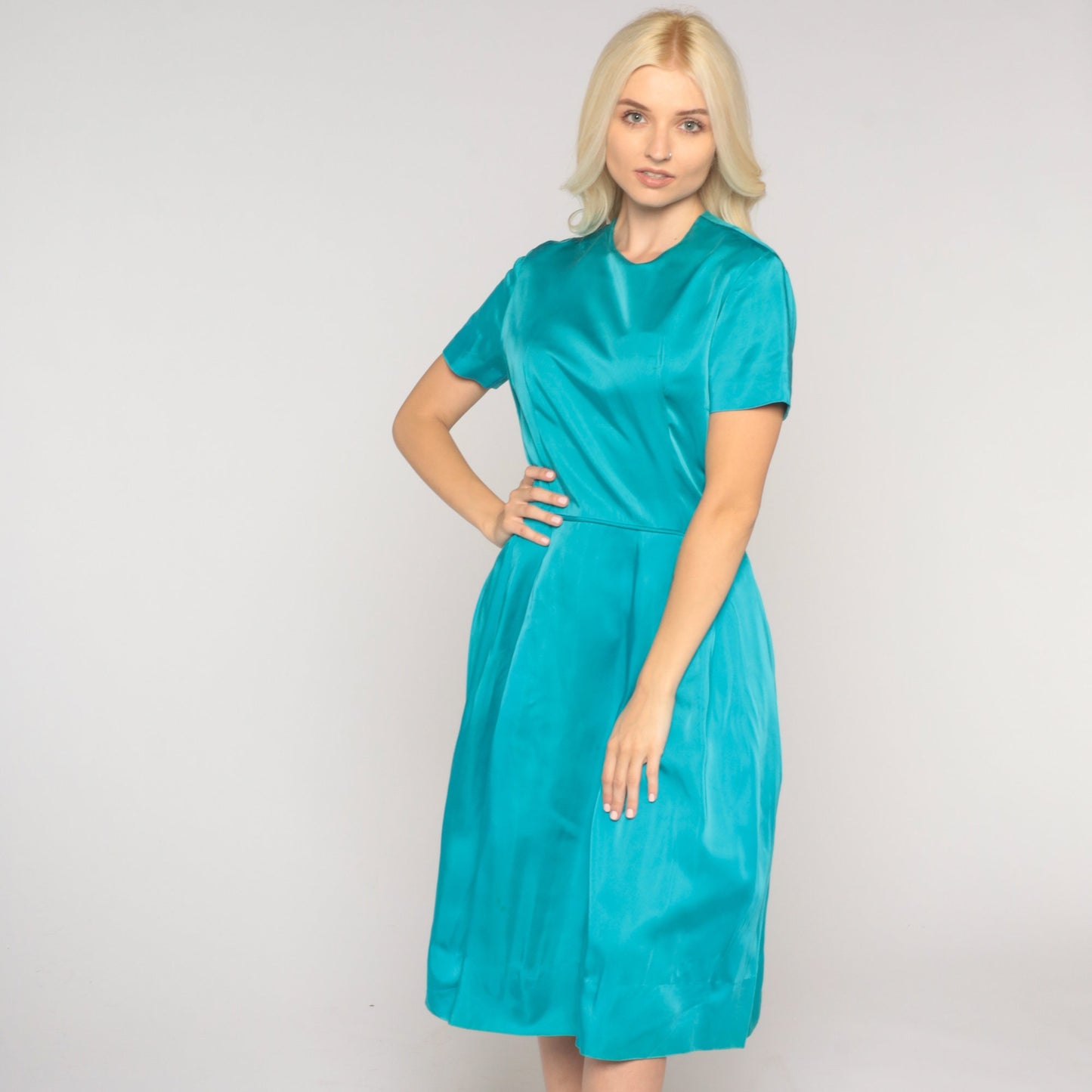 1960s Turquoise Taffeta Party Dress High Waist Side Zip Small S