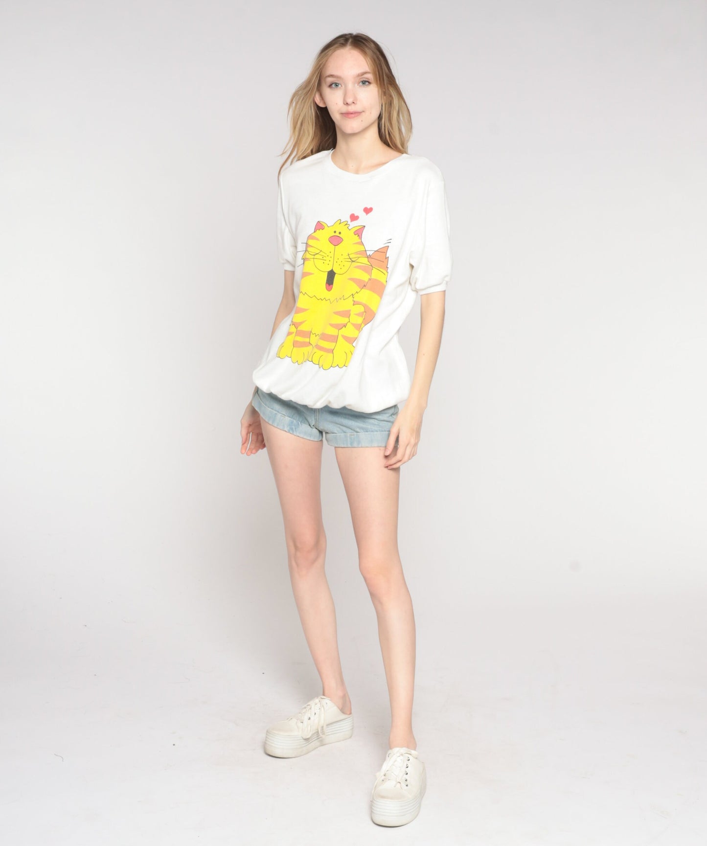 80s Cartoon Cat Heart Graphic T-Shirt White Banded Hem Large L