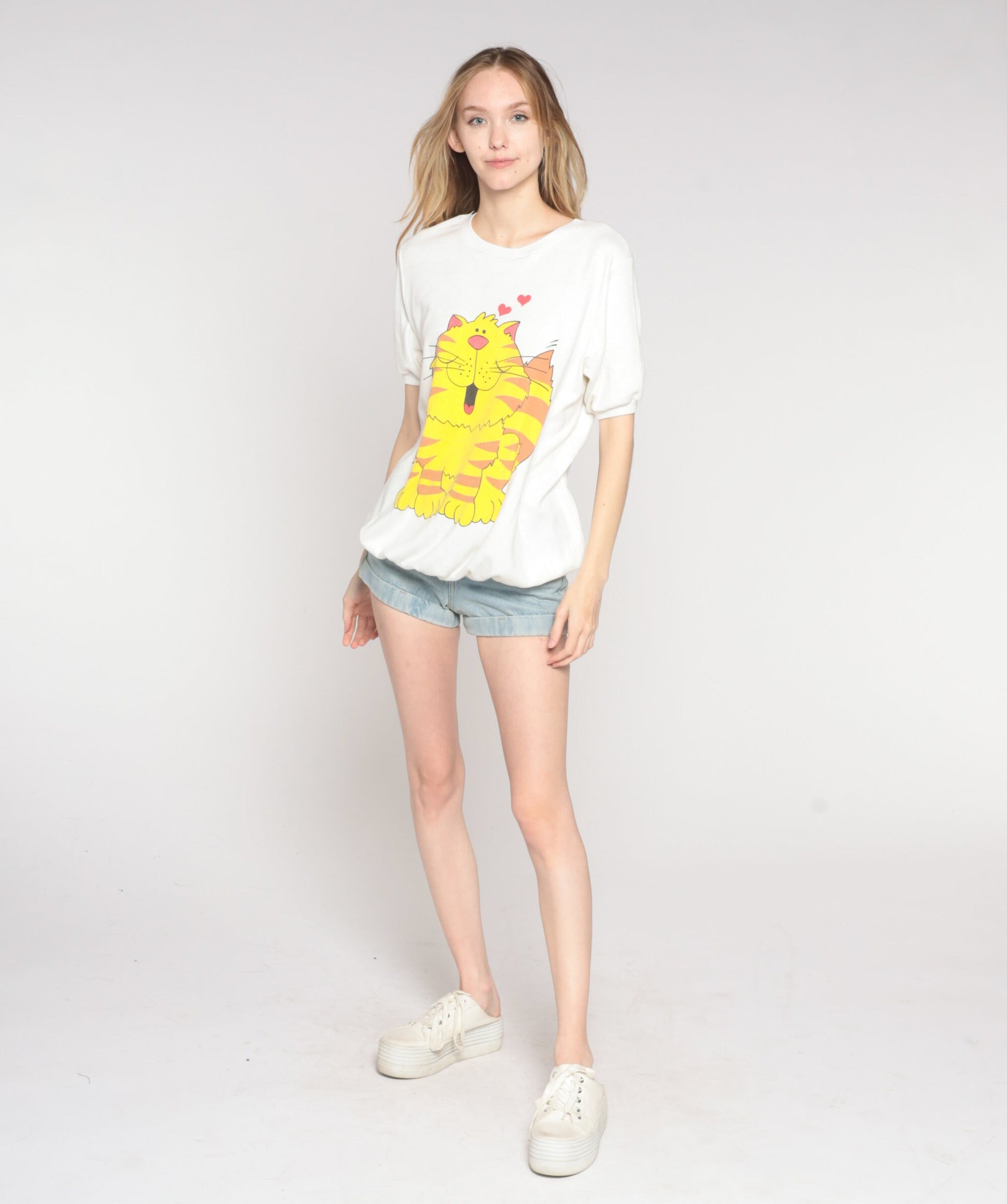 80s Cartoon Cat Heart Graphic T-Shirt White Banded Hem Large L