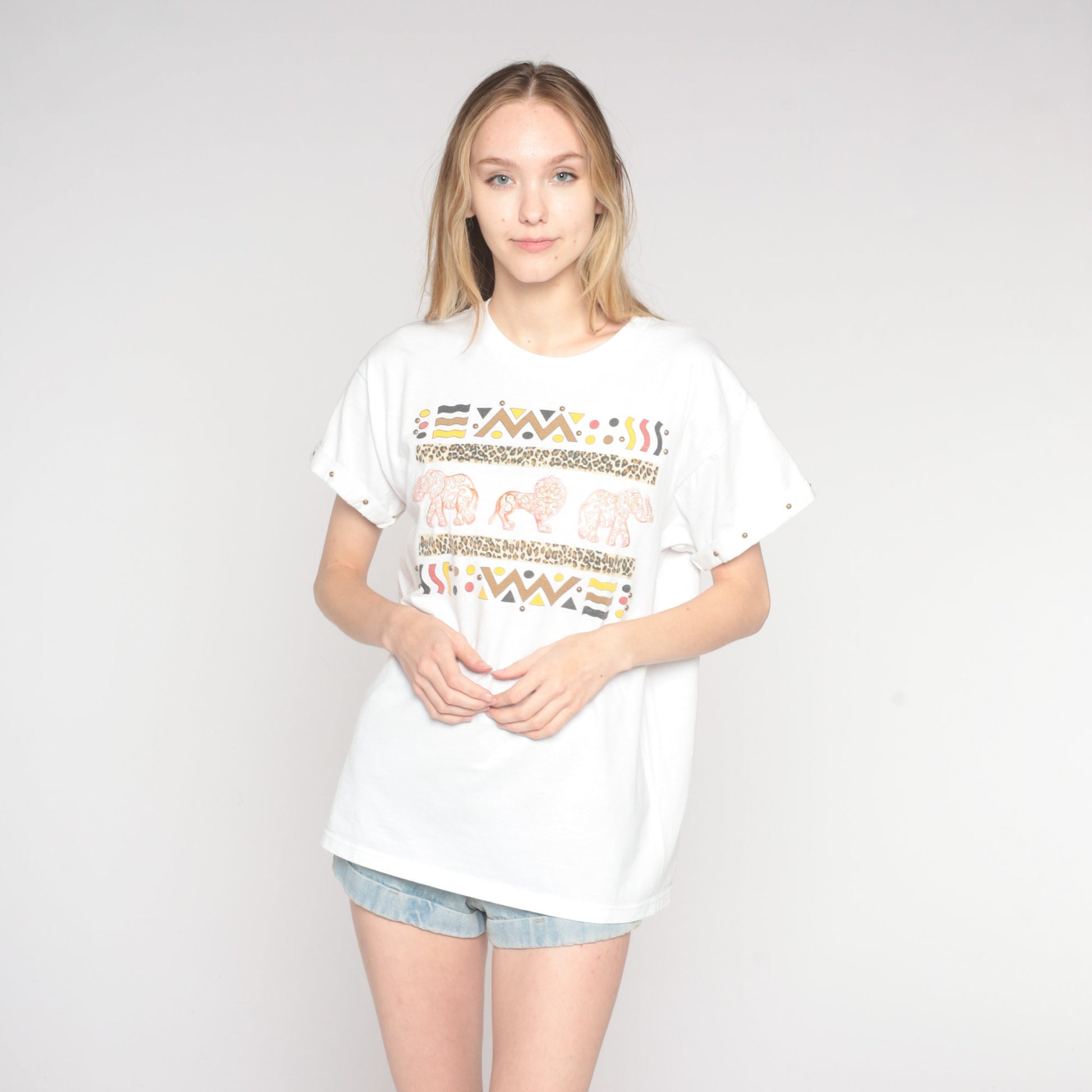 Y2K Safari Animal Studded Graphic T-Shirt White Embroidered Elephant Lion Medium Large