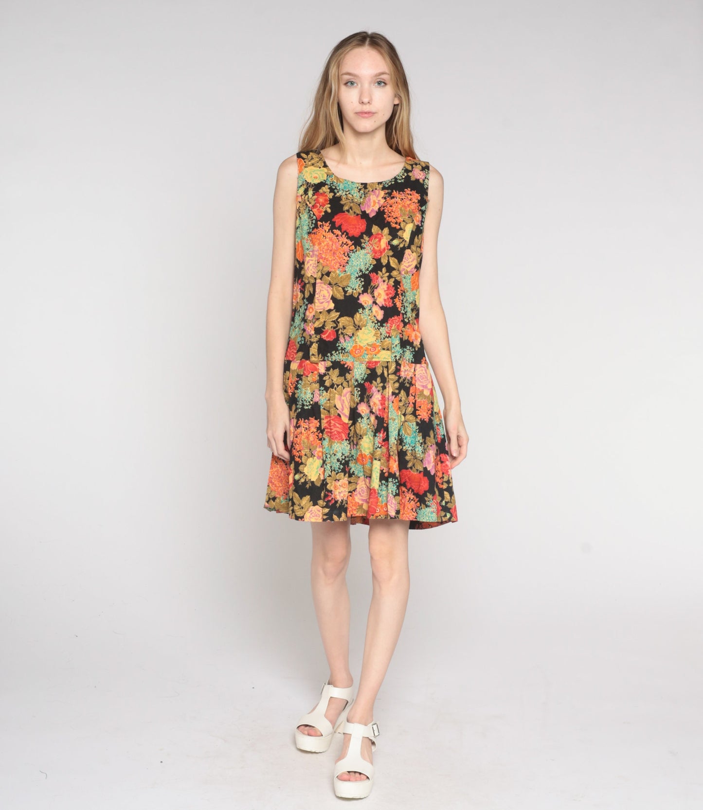 80s Joni Blair Floral Mini Dress Drop Waist Pleated Sleeveless Black Cotton Medium Large