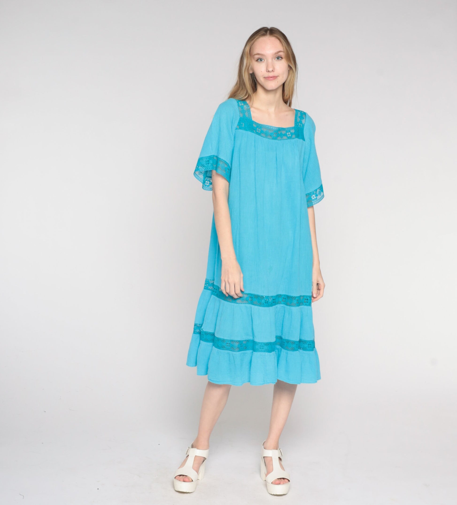 80s Blue Cotton Midi Dress Crochet Trim Tiered Trapeze Sundress Small