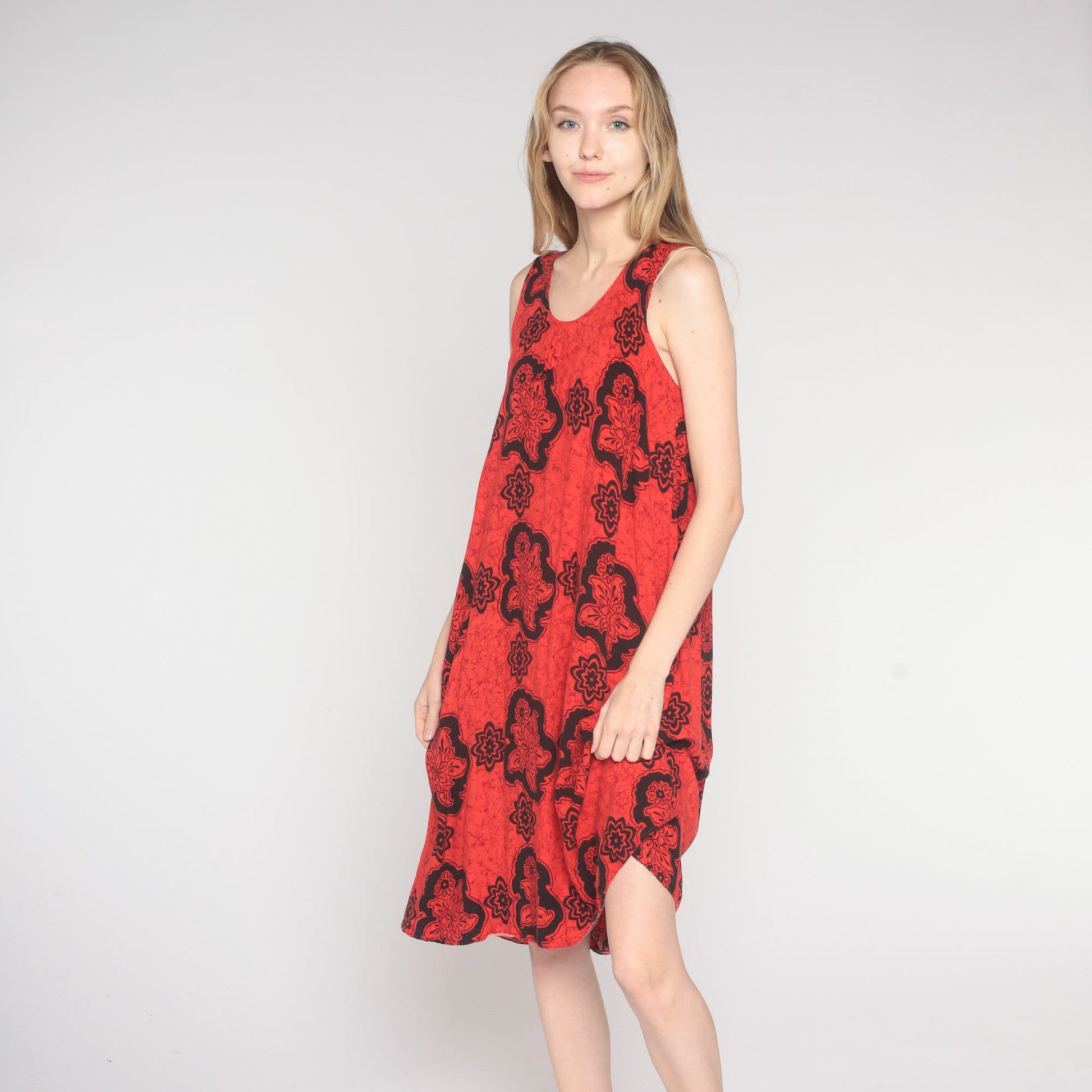 Y2K Red Tropical Floral Midi Dress Sleeveless Tent Cut 00s Sundress Medium M
