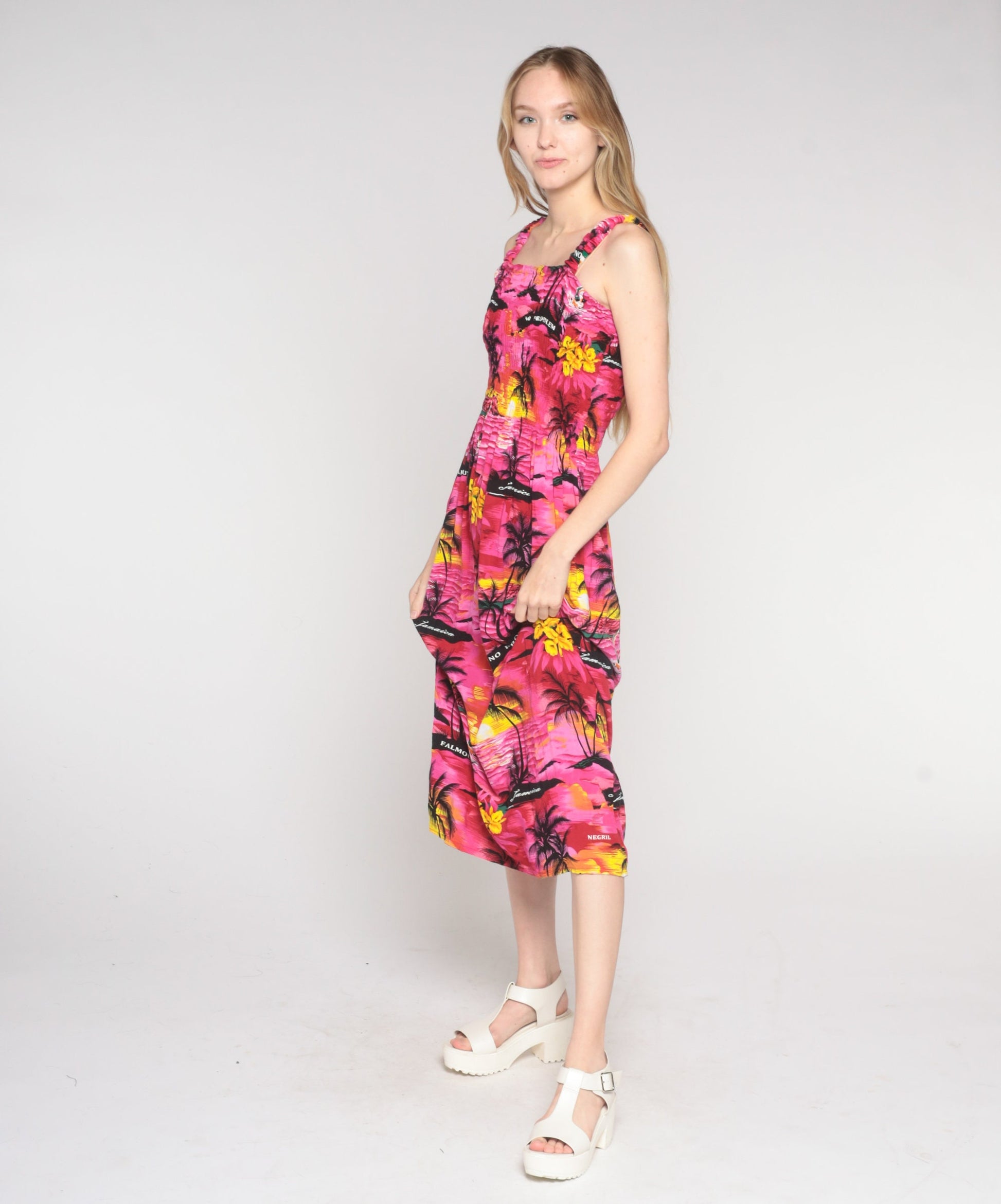 Y2K Pink Hawaiian Sunset Midi Dress Smocked Sleeveless Small Medium