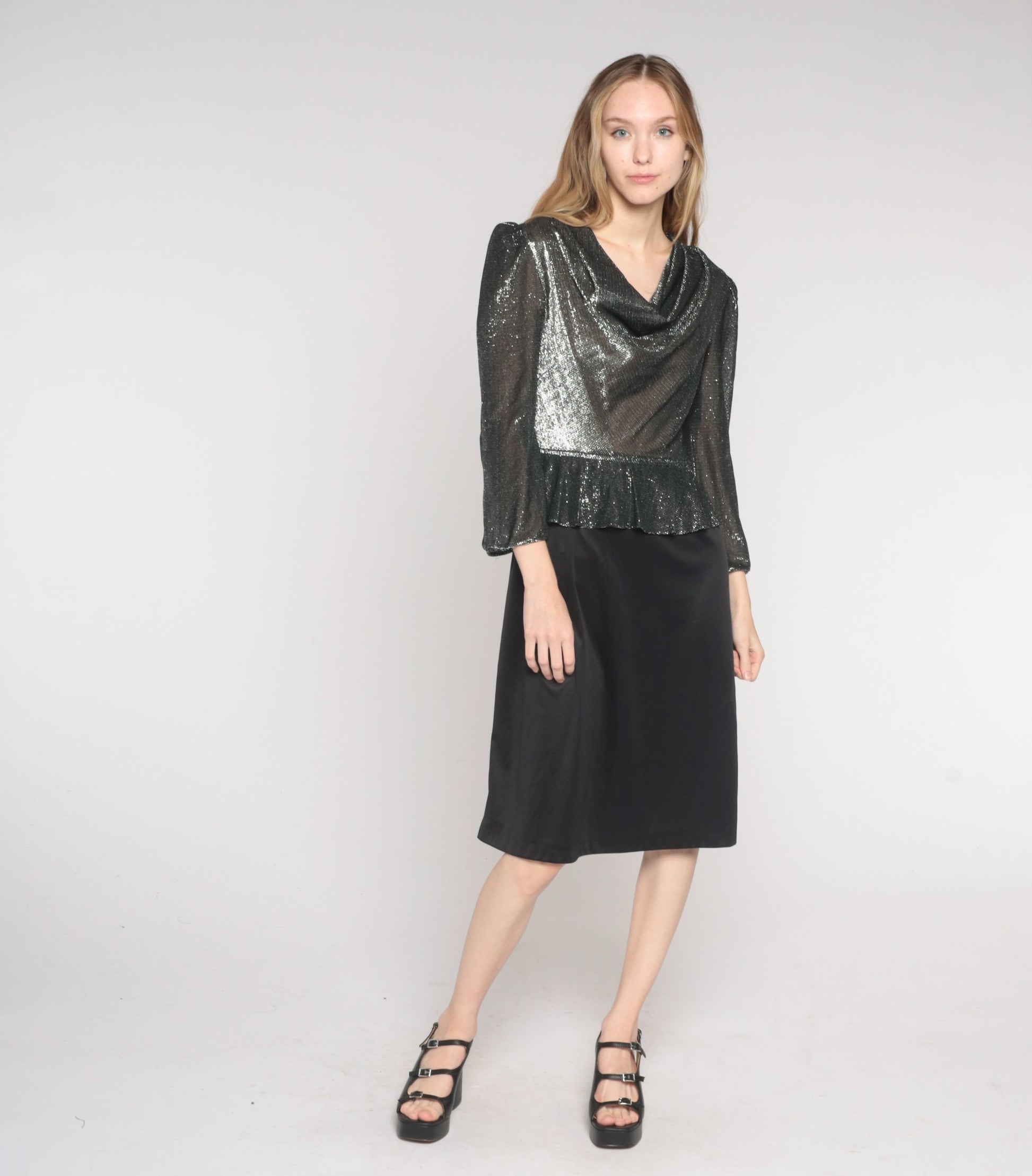 80s Silver Metallic Peplum Midi Dress Cowl Neck Puff Sleeve Small